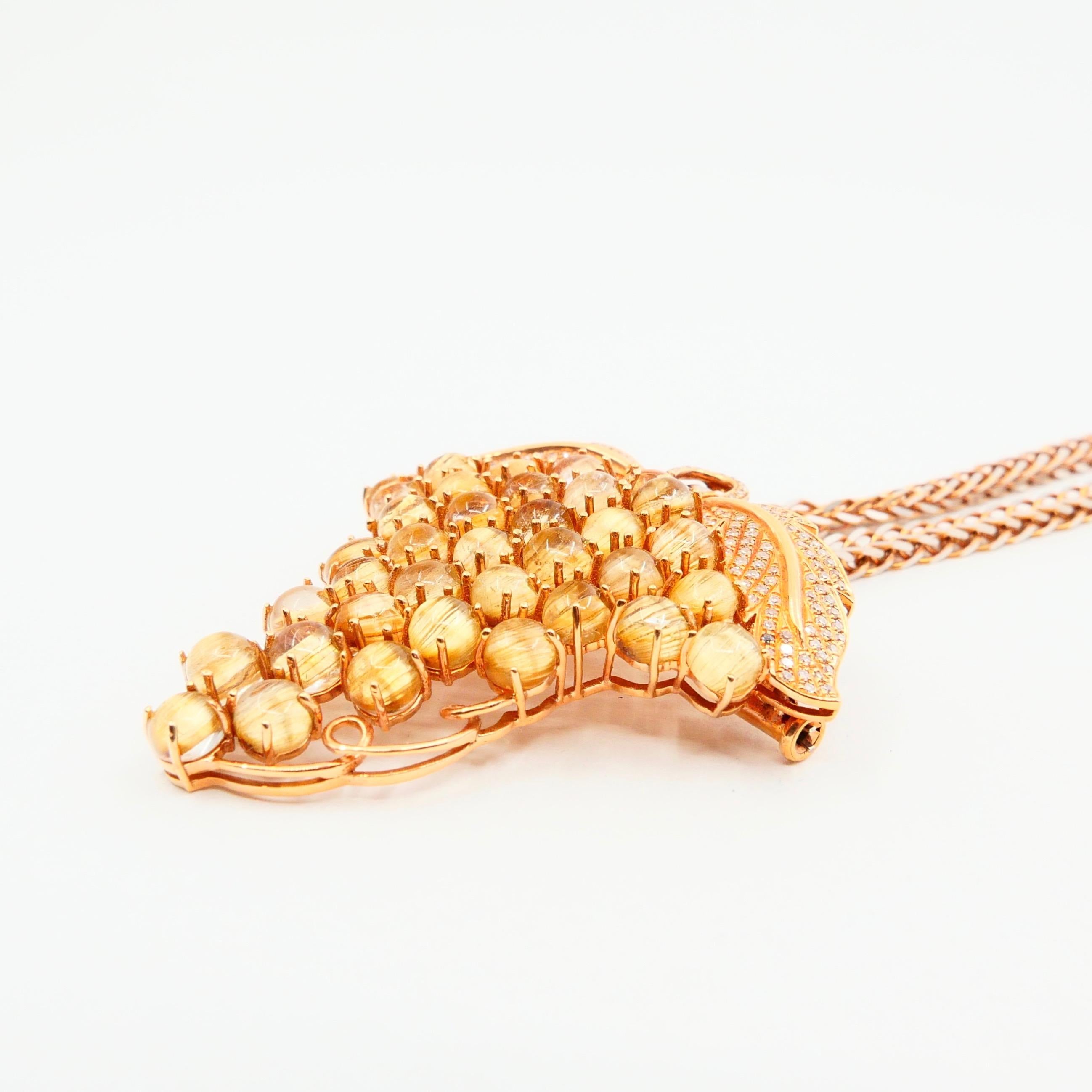 Natural Golden Rutile Quartz Gemstone and Diamond Brooch / Pendant Necklace For Sale 5