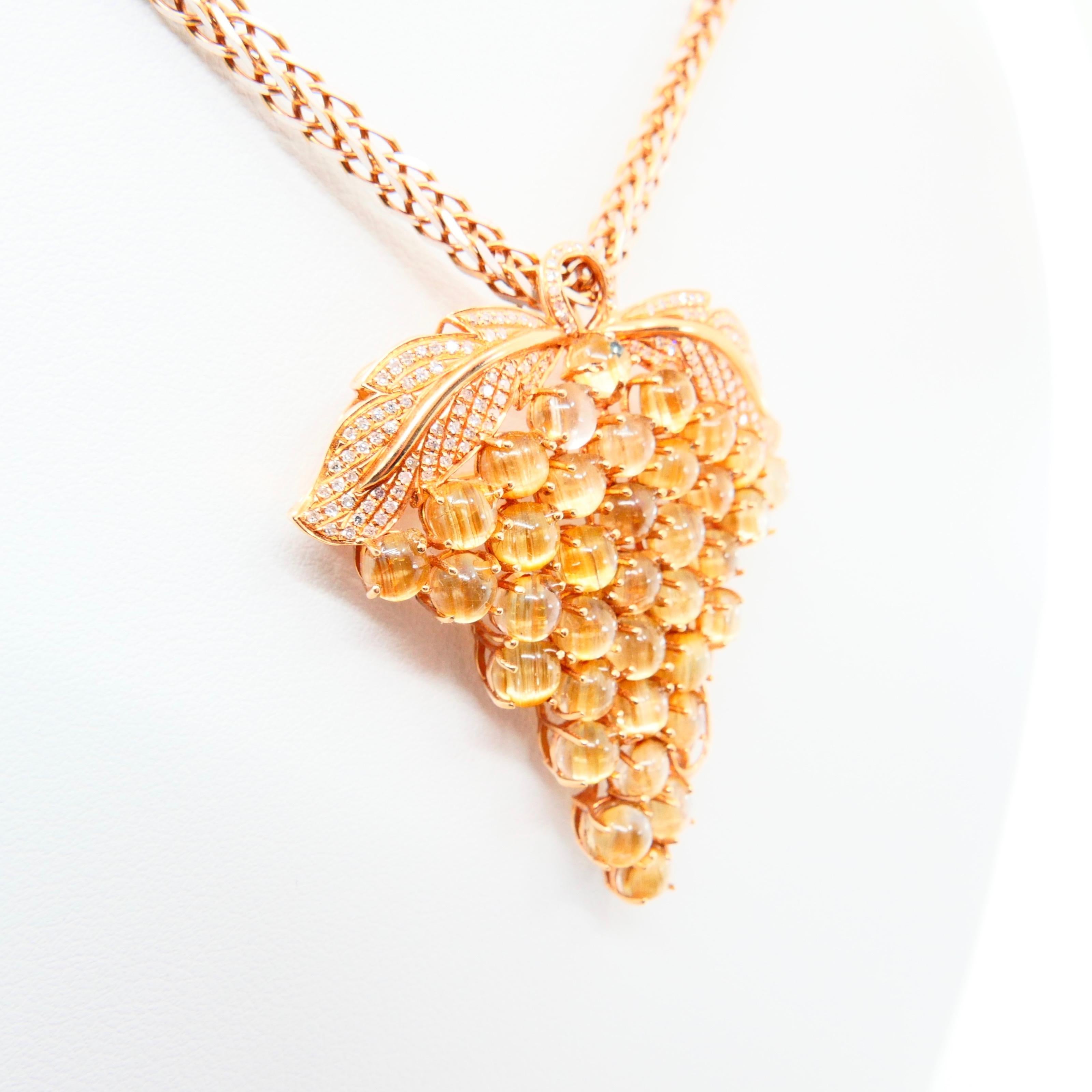 Round Cut Natural Golden Rutile Quartz Gemstone and Diamond Brooch / Pendant Necklace For Sale