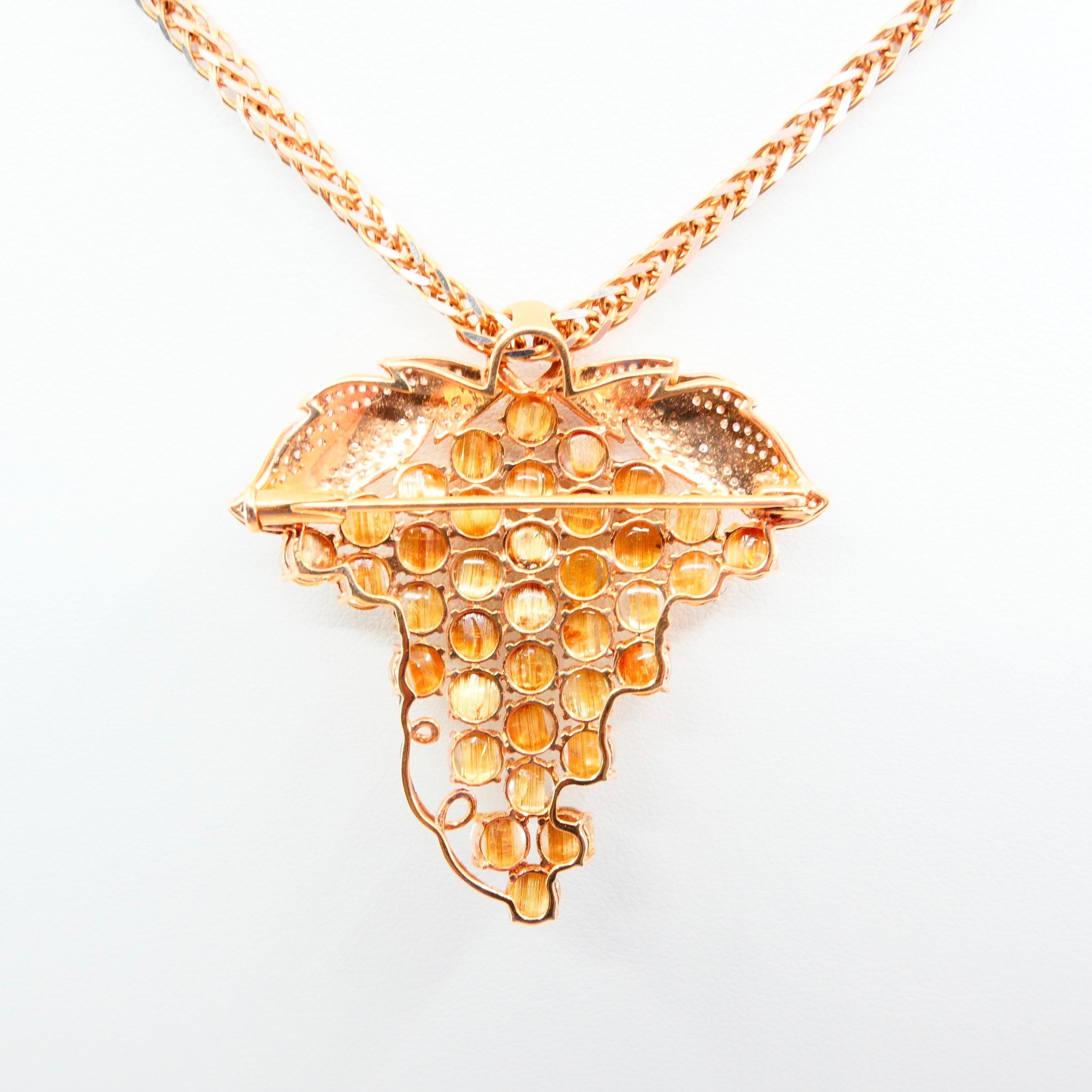 Natural Golden Rutile Quartz Gemstone and Diamond Brooch / Pendant Necklace In New Condition For Sale In Hong Kong, HK