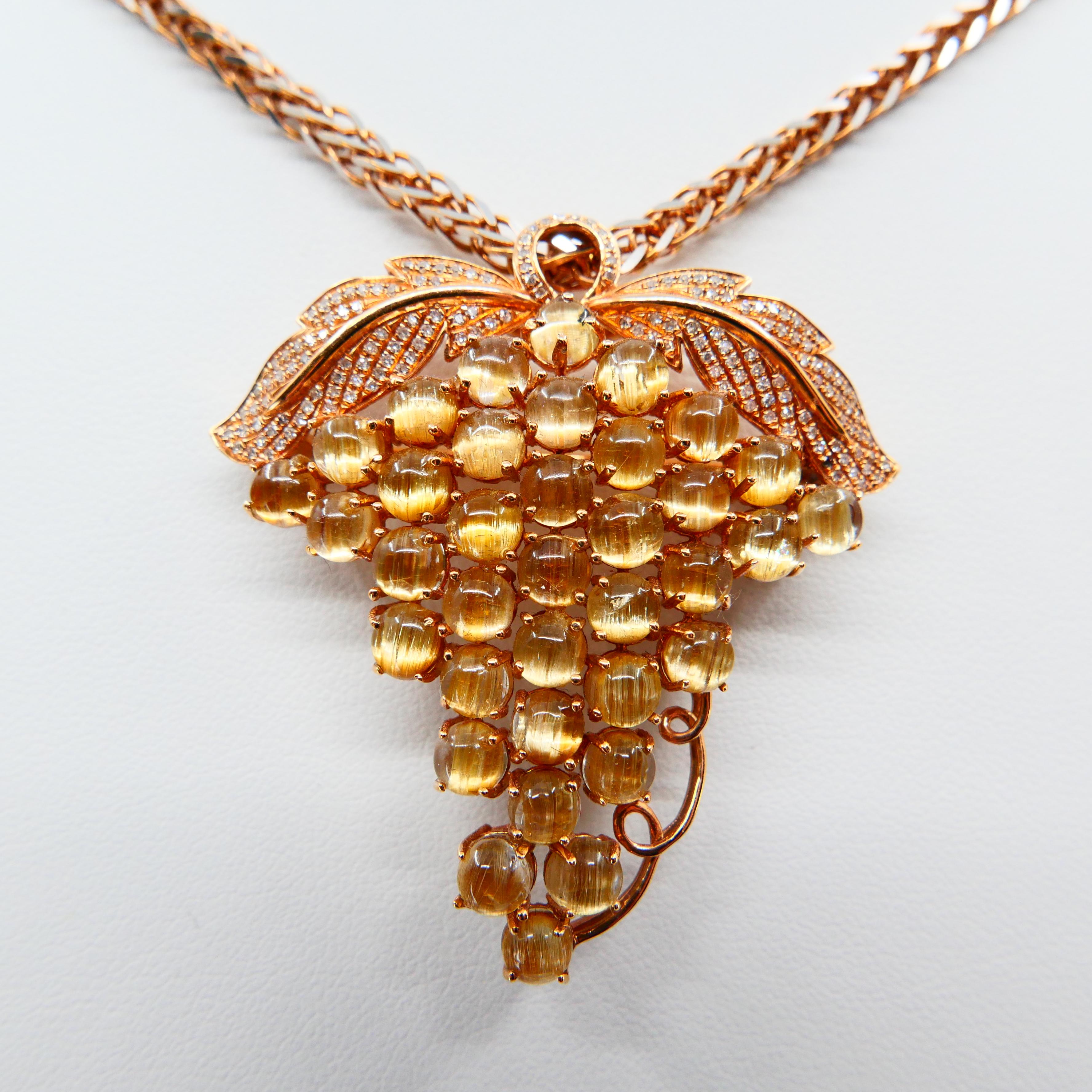 Women's Natural Golden Rutile Quartz Gemstone and Diamond Brooch / Pendant Necklace For Sale