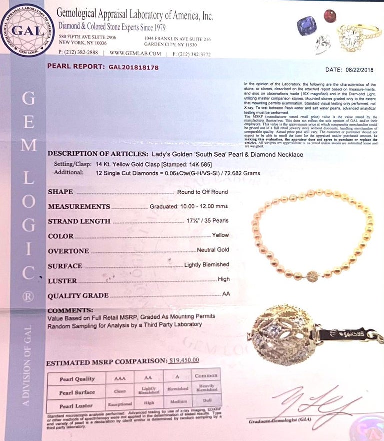 Natural Golden Sea Pearl Diamond Necklace 14k Y Gold Certified For Sale ...