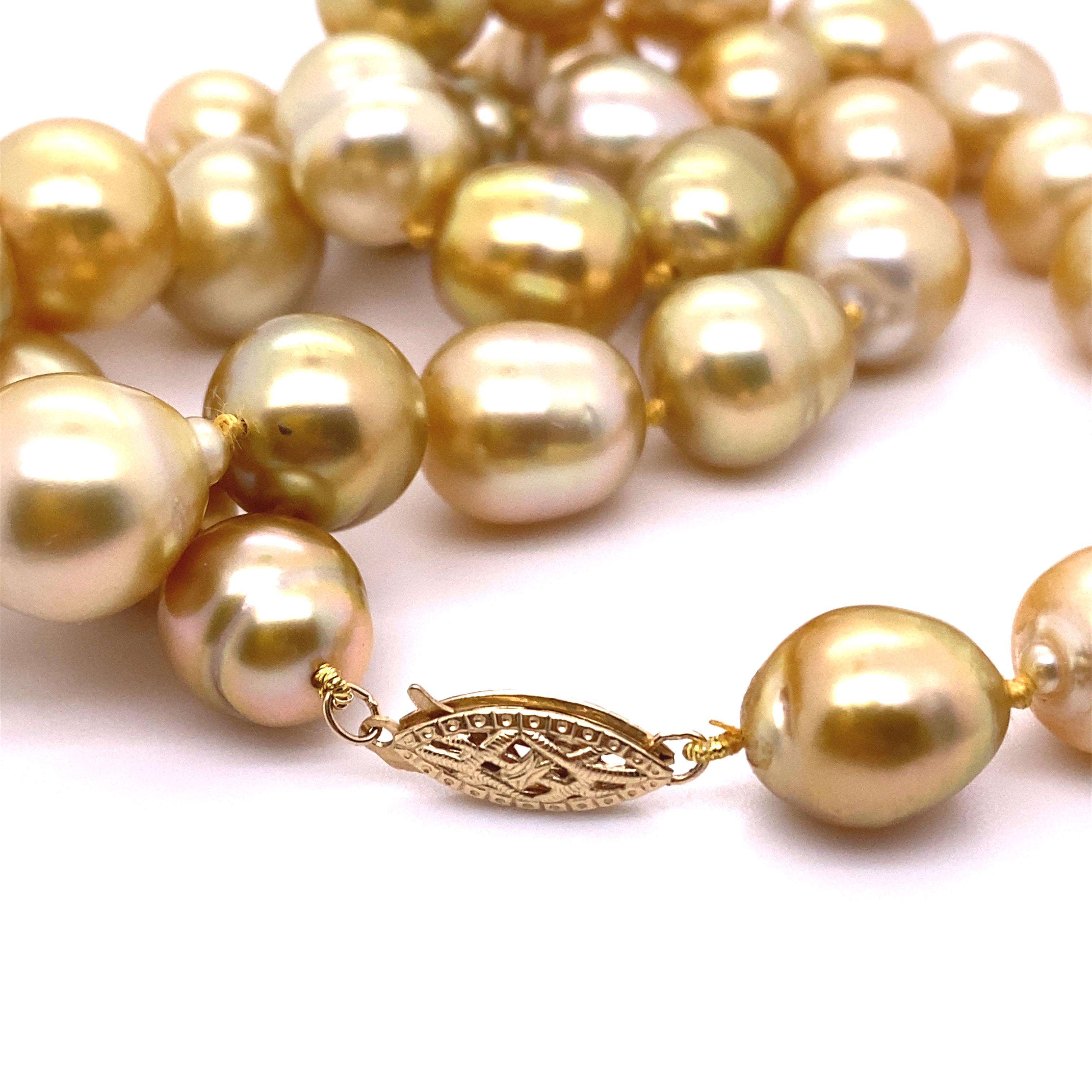 Uncut Natural, Golden Yellow Baroque Pearls Strand Necklace, 14K Gold Clasp For Sale