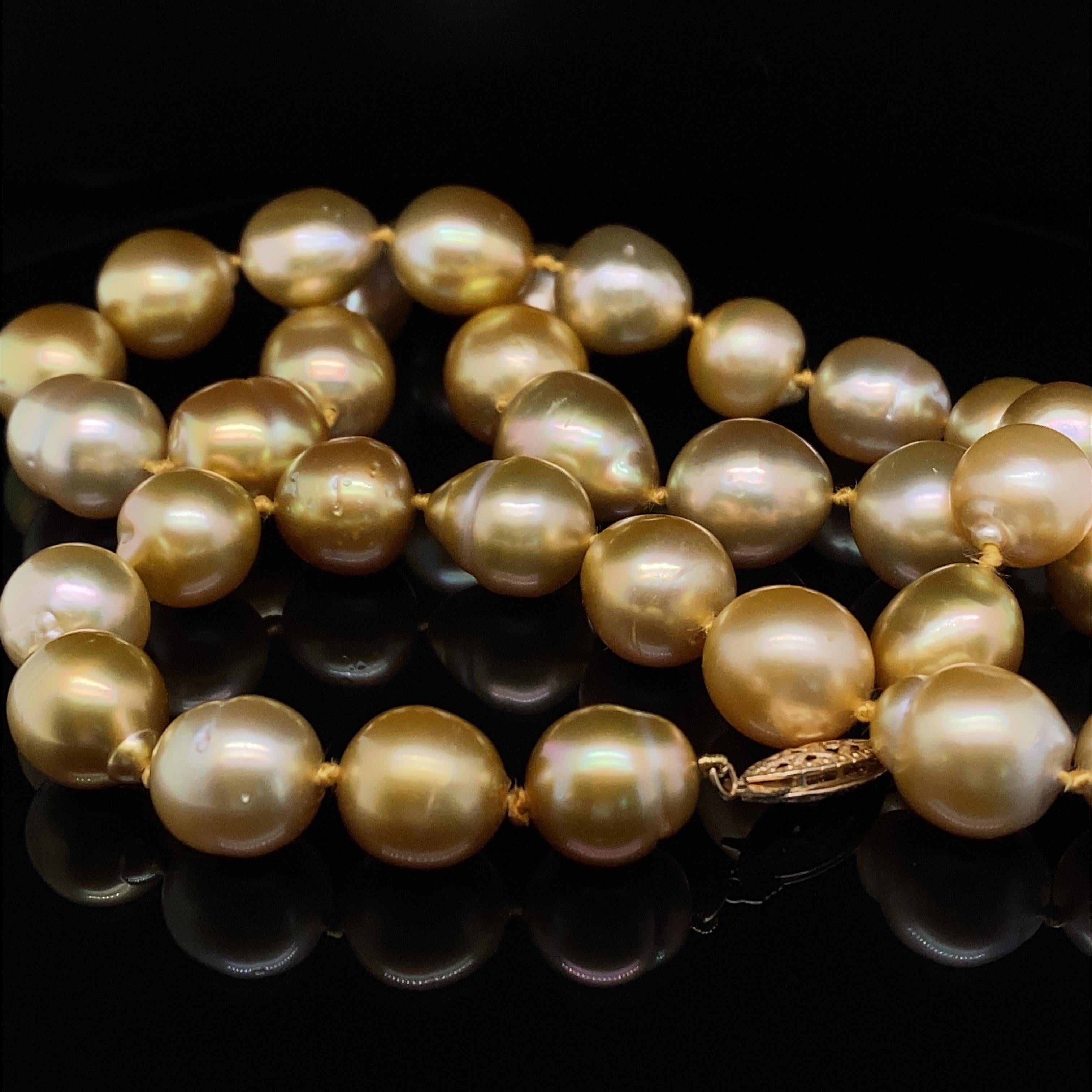 Women's or Men's Natural, Golden Yellow Baroque Pearls Strand Necklace, 14K Gold Clasp For Sale