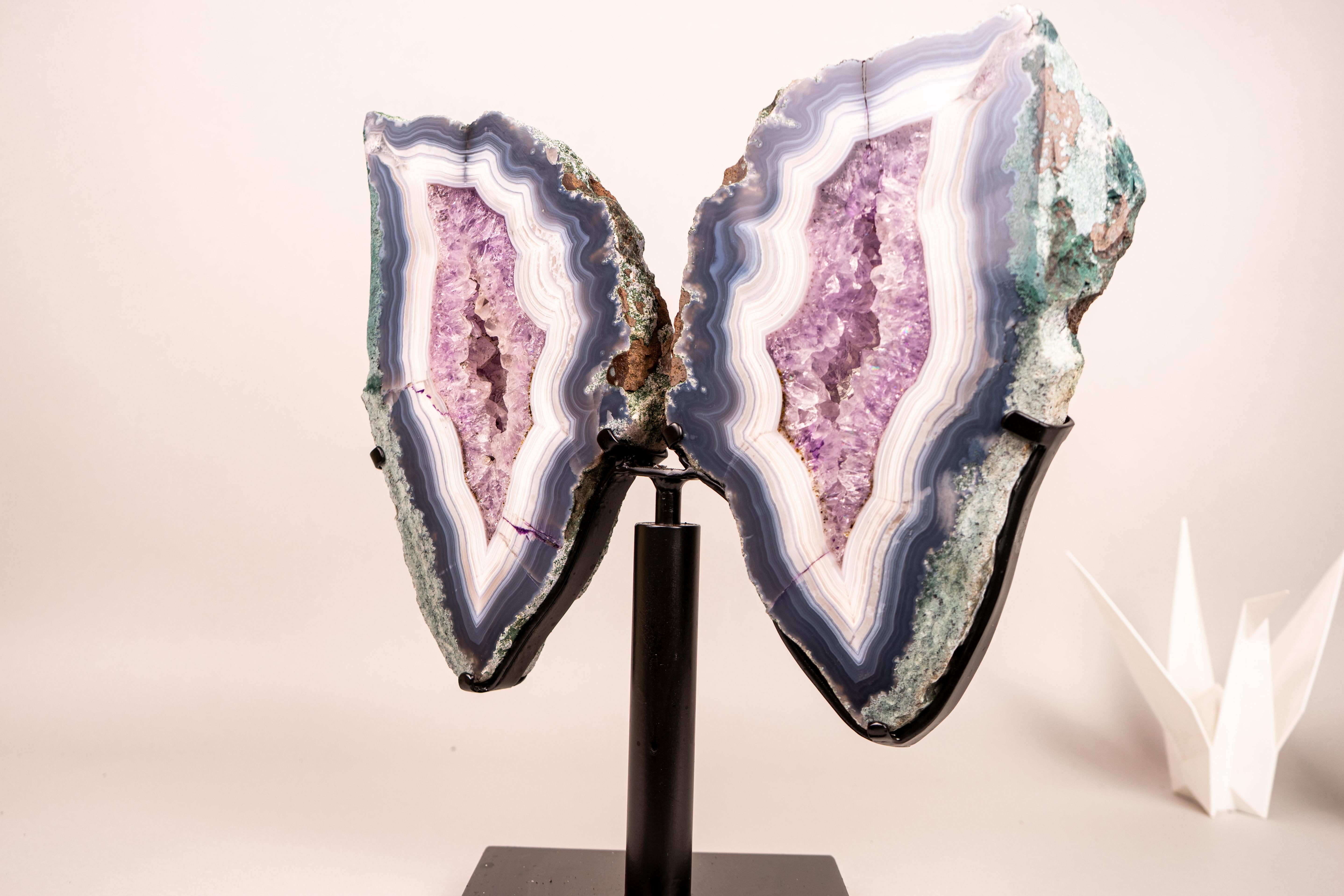 Alas de Mariposa de Ágata con Bandas Azules y Blancas y Musgo Natural Precioso en venta 4