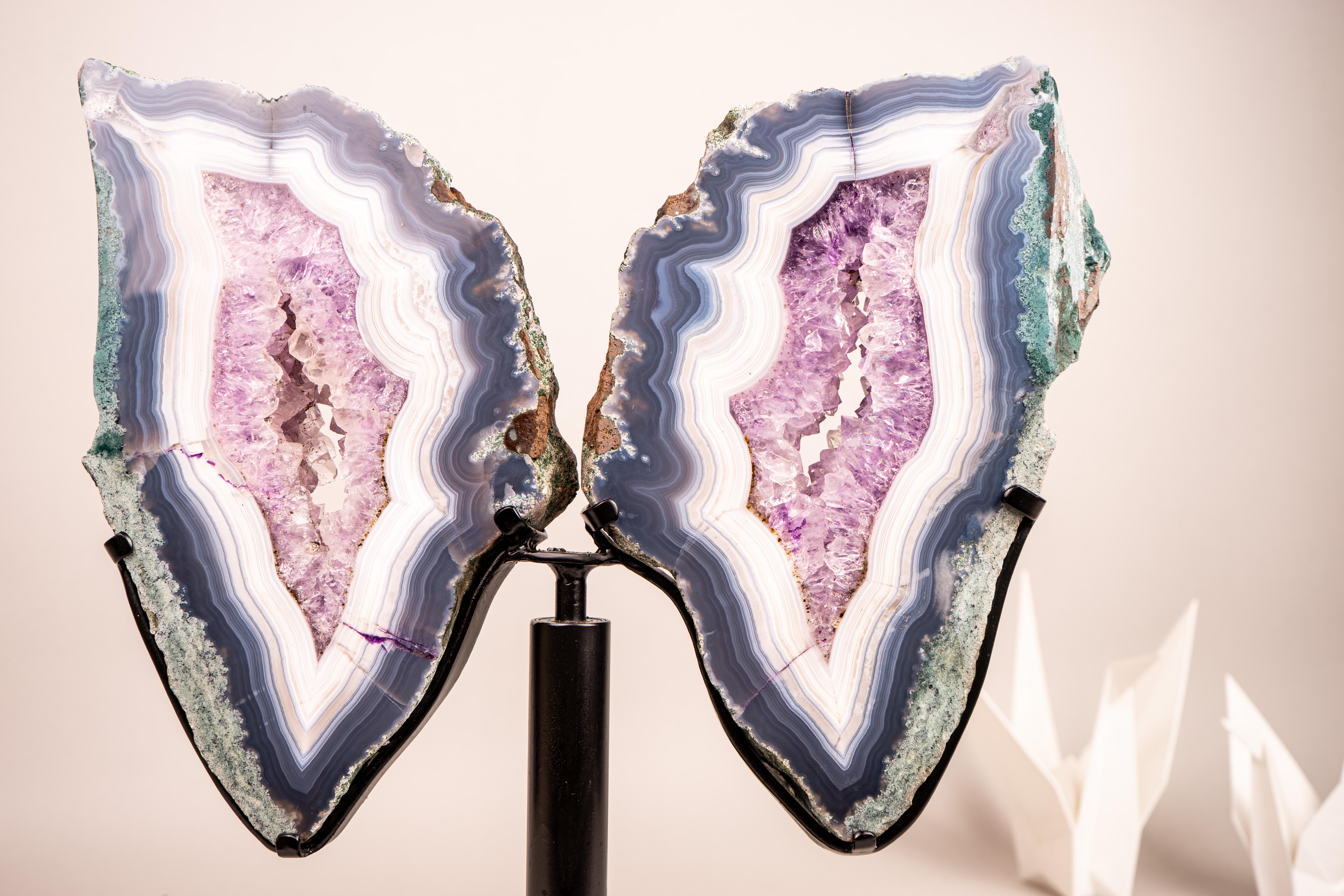 Alas de Mariposa de Ágata con Bandas Azules y Blancas y Musgo Natural Precioso en Nuevo estado para la venta en Ametista Do Sul, BR