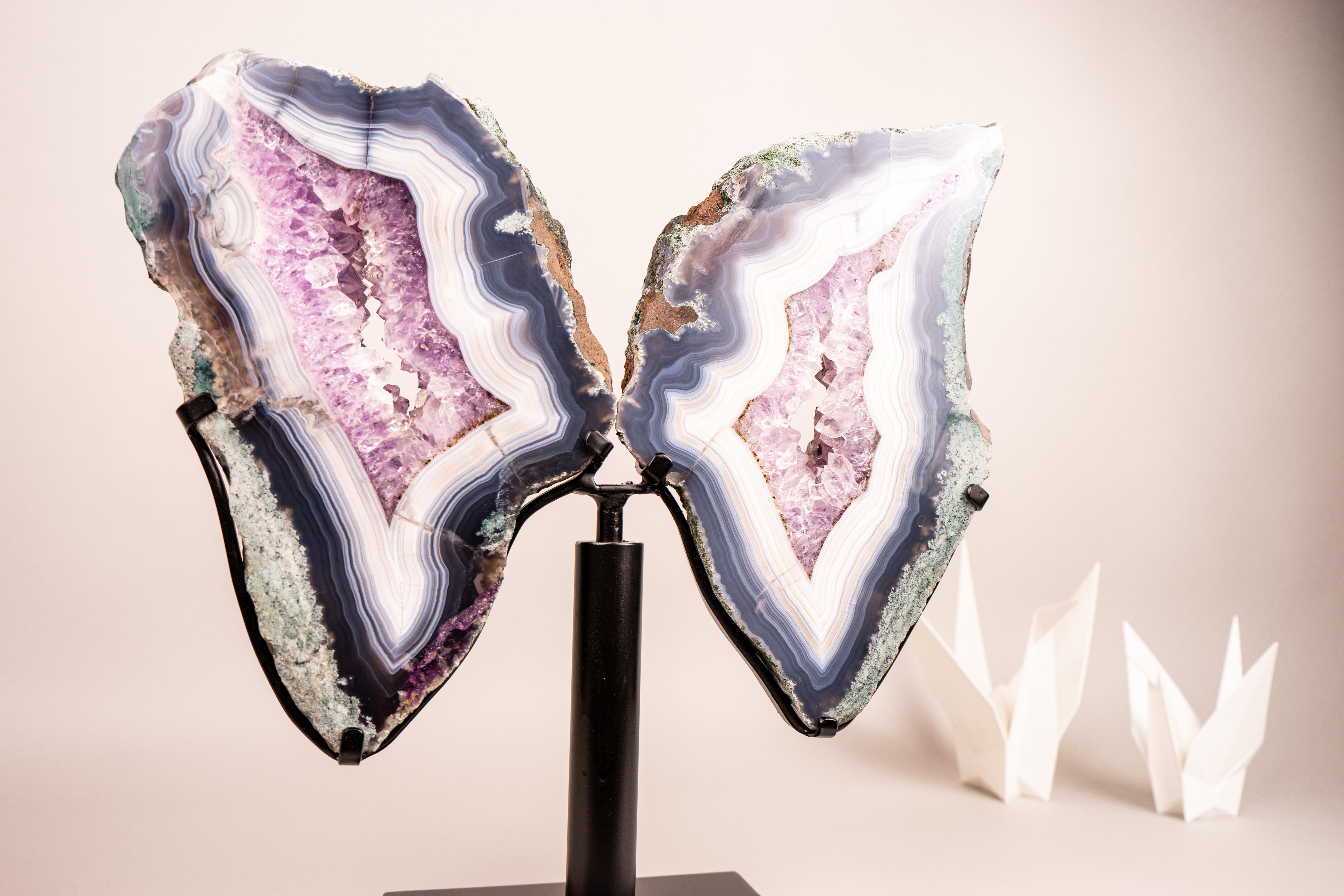 Alas de Mariposa de Ágata con Bandas Azules y Blancas y Musgo Natural Precioso en venta 2