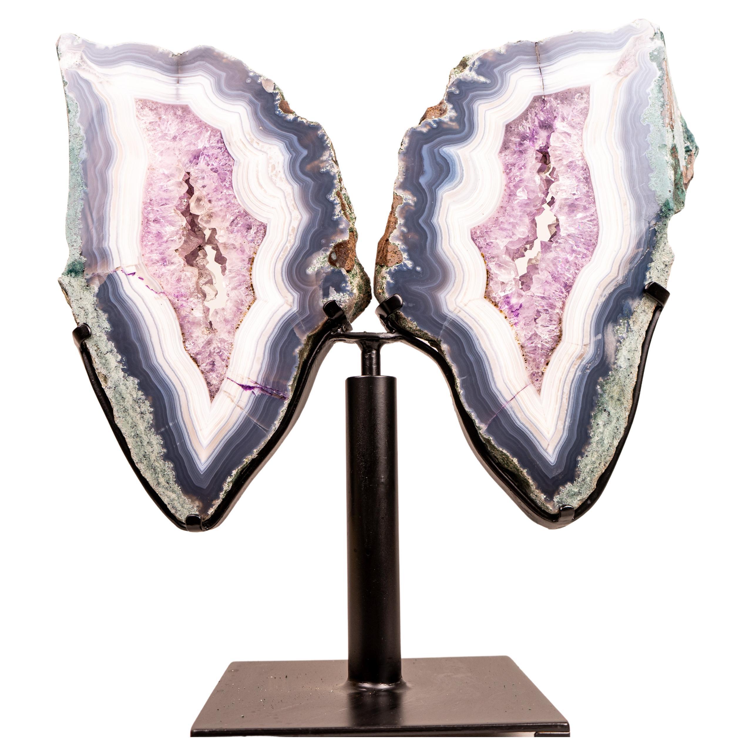 Natural Gorgeous Moss, Blue & White Banded Agate Butterfly Wings