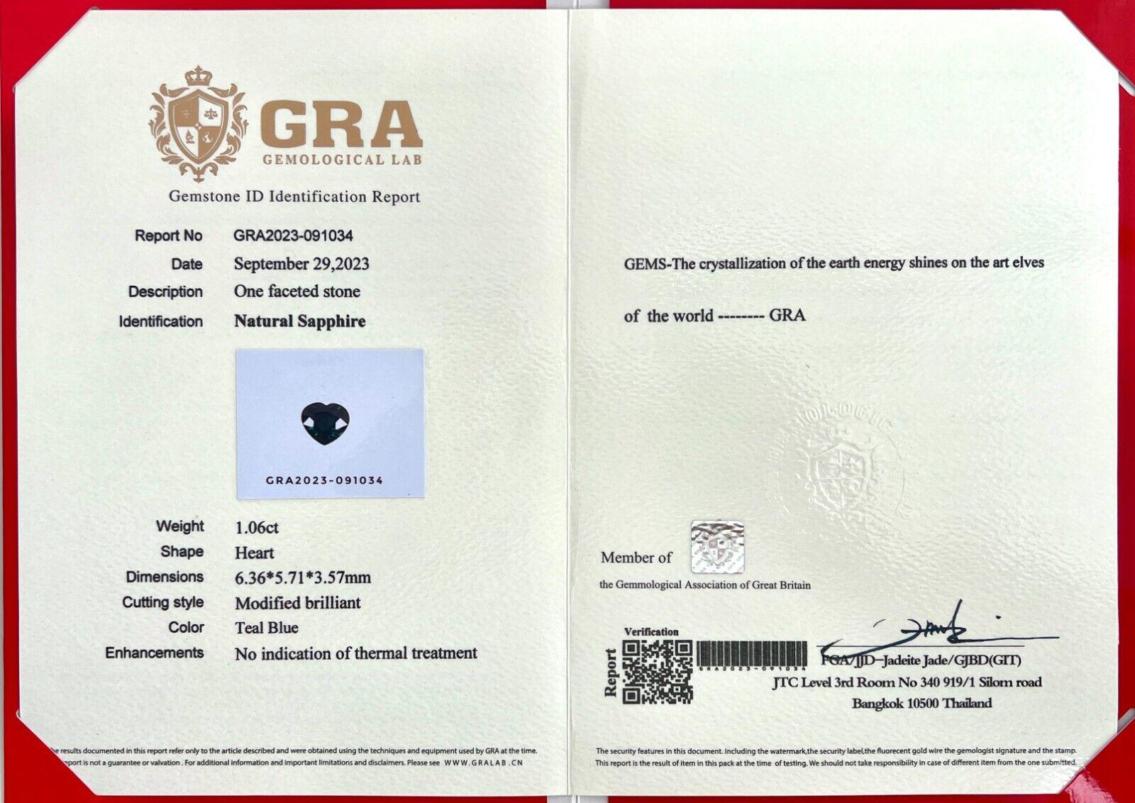 Natural Gra Certified 1.06Ct Teal Blue Sapphire Untreated Heart Cut 6.3X5.7Mm If

Natural GRA Certified Untreated Teal Blue Sapphire Gemstone.
1.06 Carat sapphire with a beautiful deep teal blue colour.
Fully certified by GRA confirming stone as