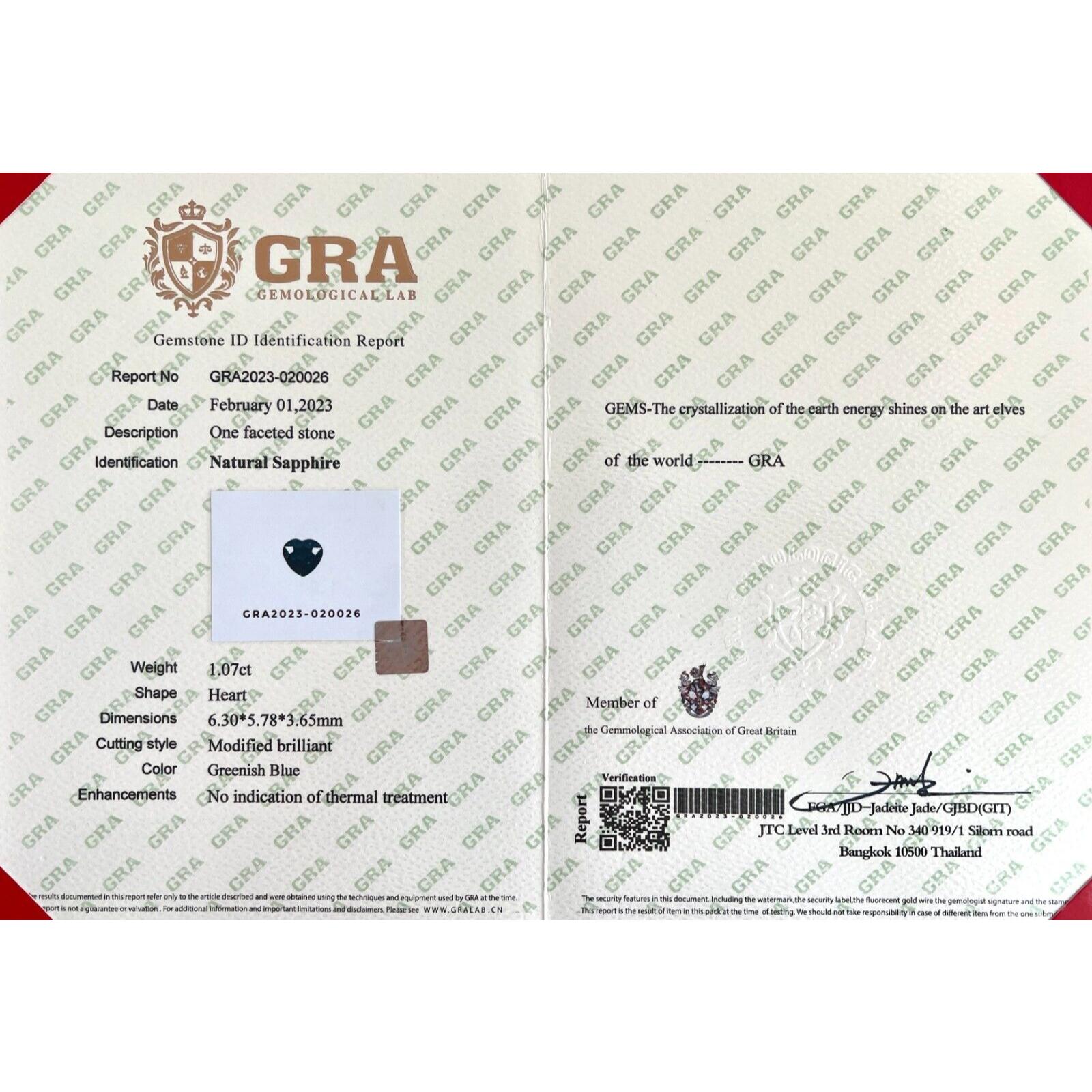 Zafiro azul verde natural certificado GRA 1,07 ct talla corazón sin tratar 6,3x5,7 mm Corte de corazón en venta