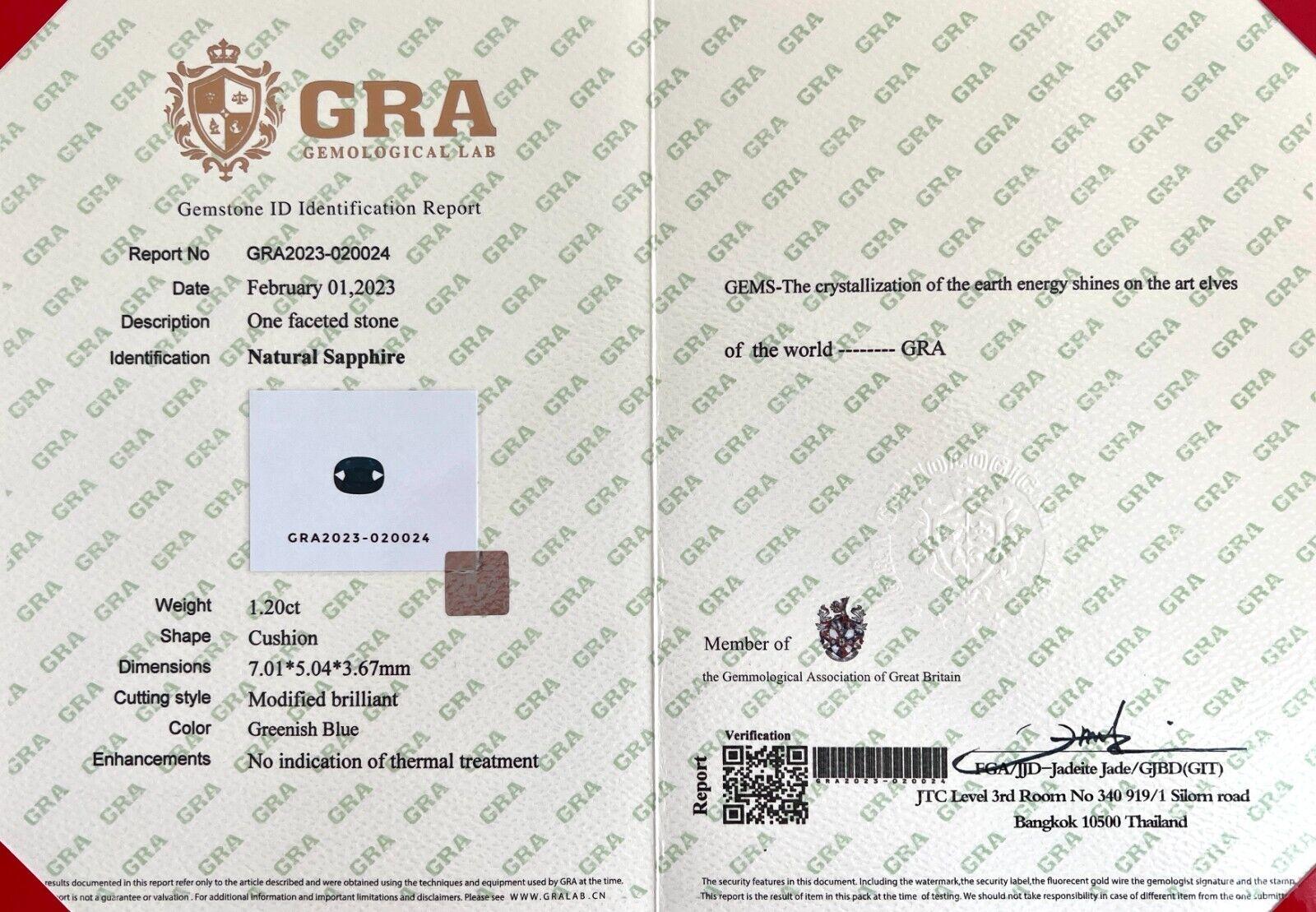 Natural GRA Certified 1.20Ct Green Blue Sapphire Rare Cushion Cut Gem IF For Sale 2