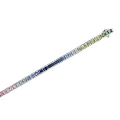 Natural Graduated Multi Color Rainbow Sapphire Tennis White Gold Line Bracelet