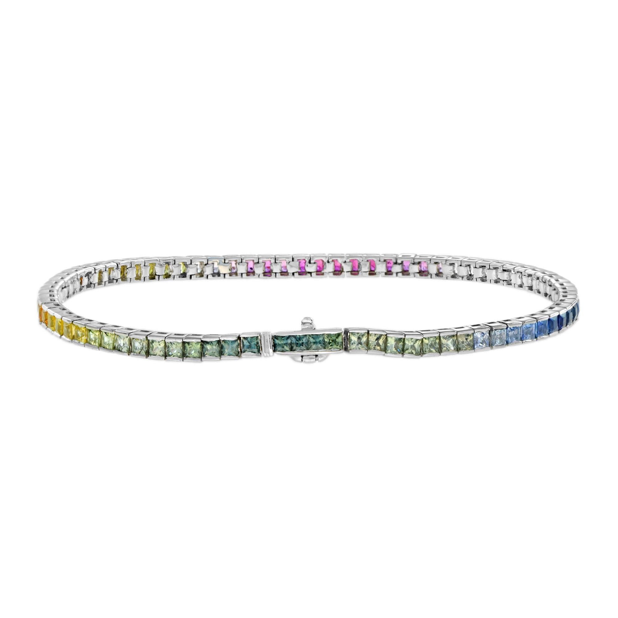 Donna Natural Graduated Multi Color Rainbow Sapphire Tennis White Gold Line Bracelet in vendita