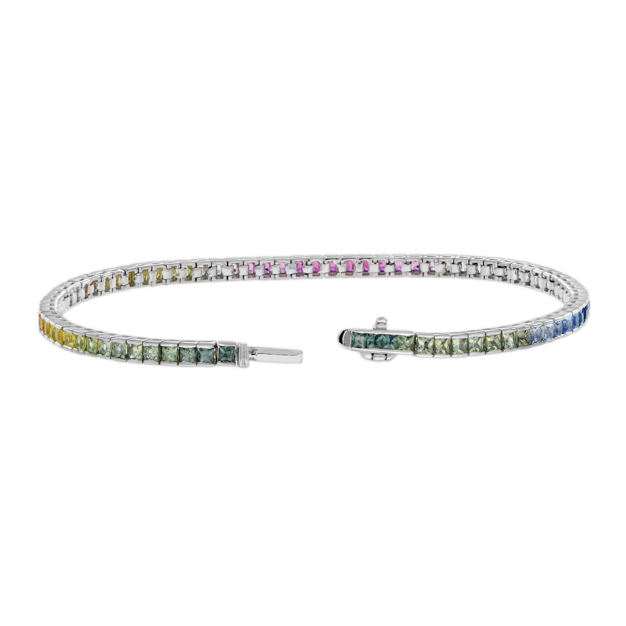 Natural Graduated Multi Color Rainbow Sapphire Tennis White Gold Line Bracelet in vendita 1