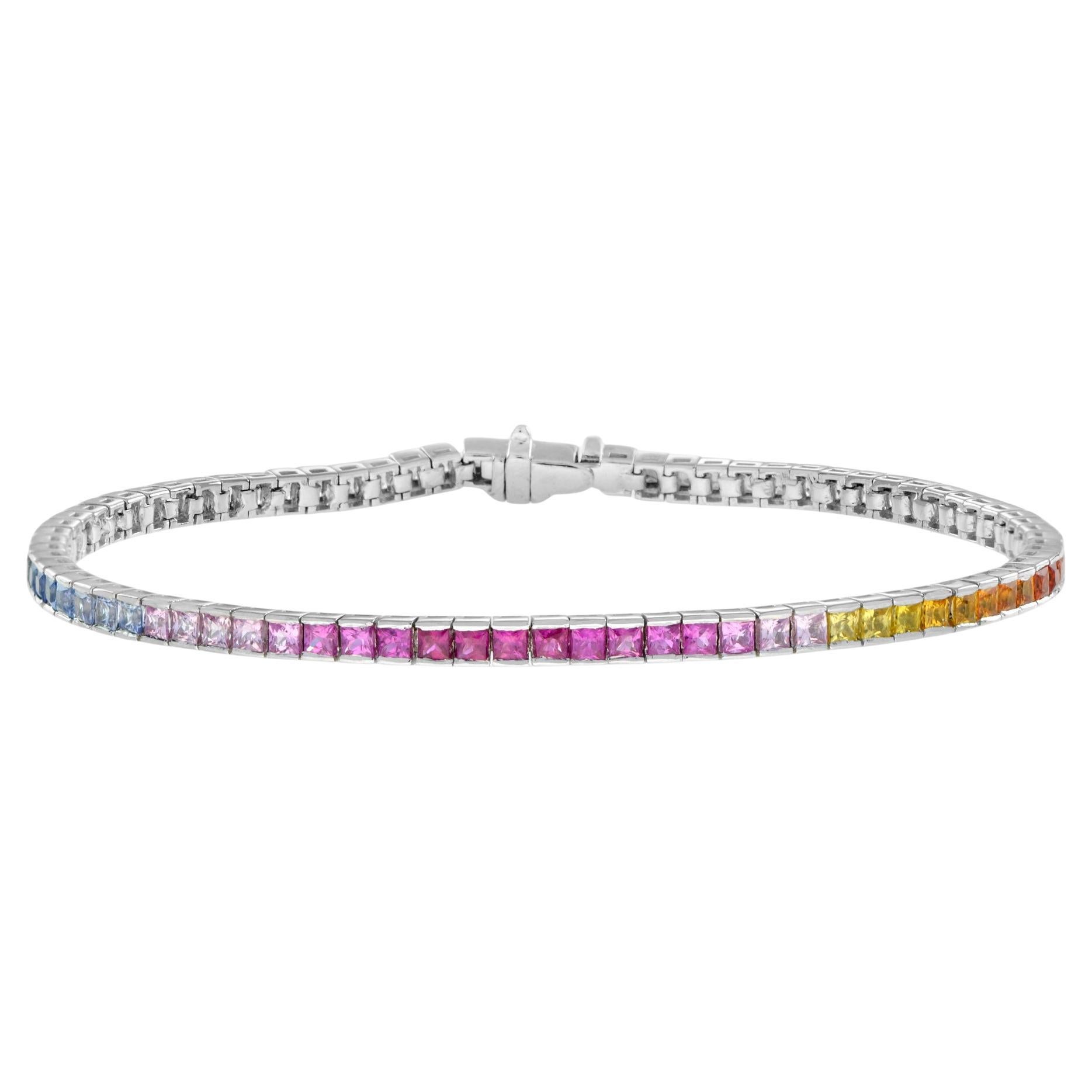 Natural Graduated Multi Color Rainbow Sapphire Tennis White Gold Line Bracelet in vendita