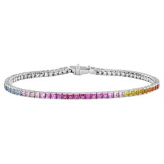Natural Graduated Multi Color Rainbow Sapphire Tennis White Gold Line Bracelet