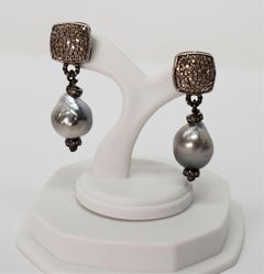Natural Gray Akoya Baroque Pearl Diamond Drop Earrings
