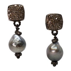 Natural Gray Akoya Baroque Pearl Diamond Drop Earrings