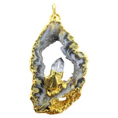 Natural Gray Banded Agate and Quartz Crystal Gold-plated Edge Necklace Pendant