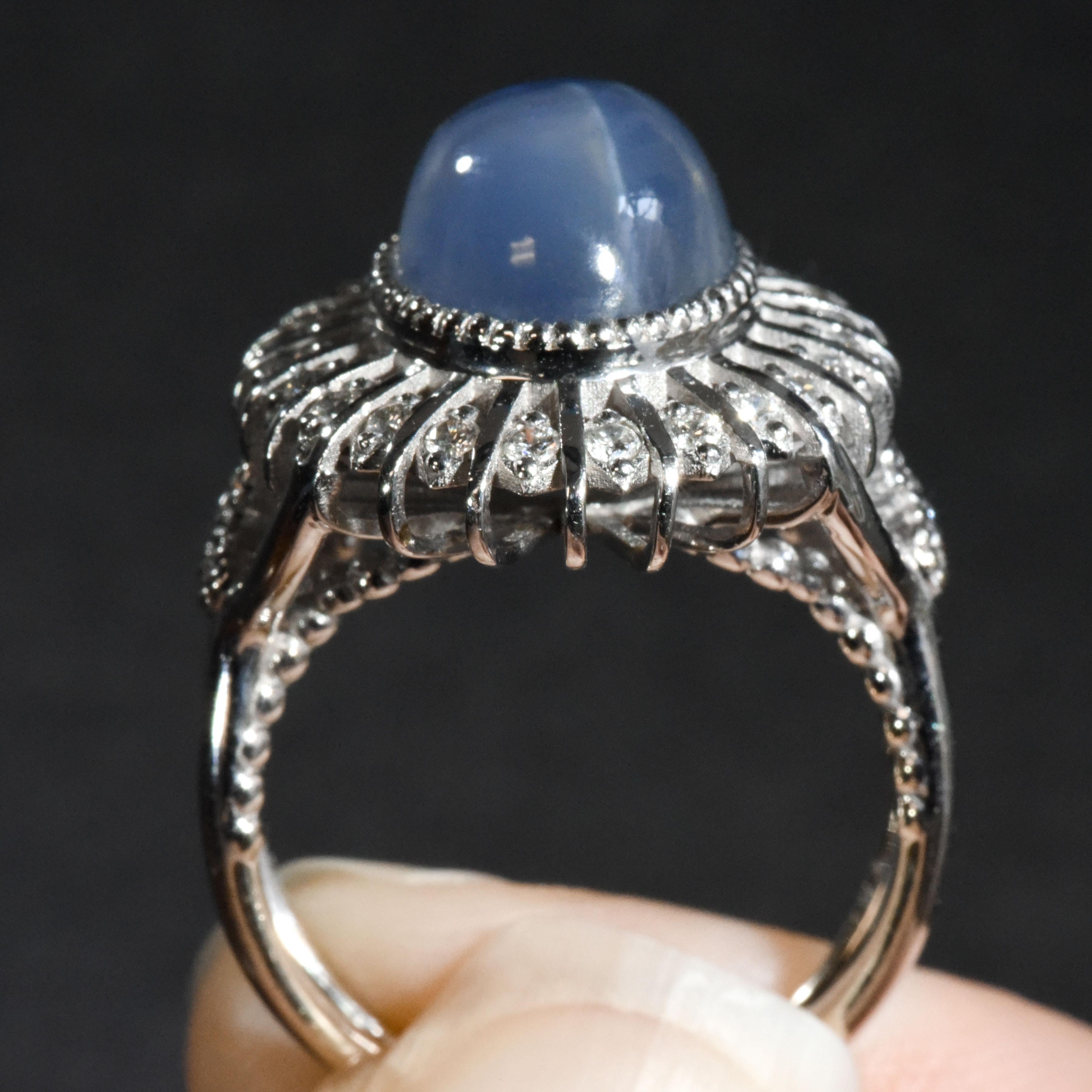 Natural Gray-Blue Star Sapphire Gemstone 10.06 cts in 14KWG Ring with Diamonds For Sale 1