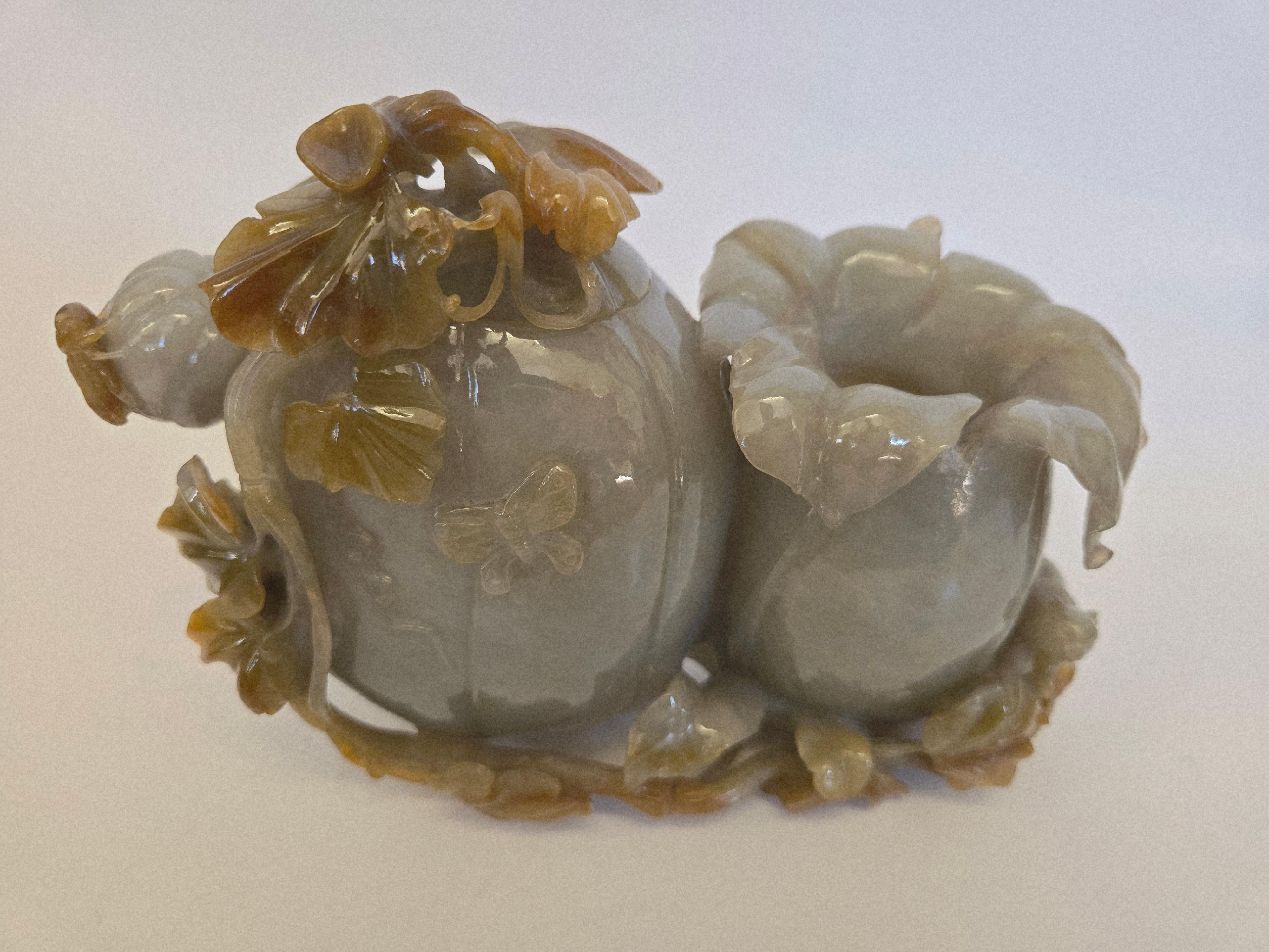 Natural Gray Green and Brown Jadeite Jade Carved Pumpkin Floral Vase For Sale 5