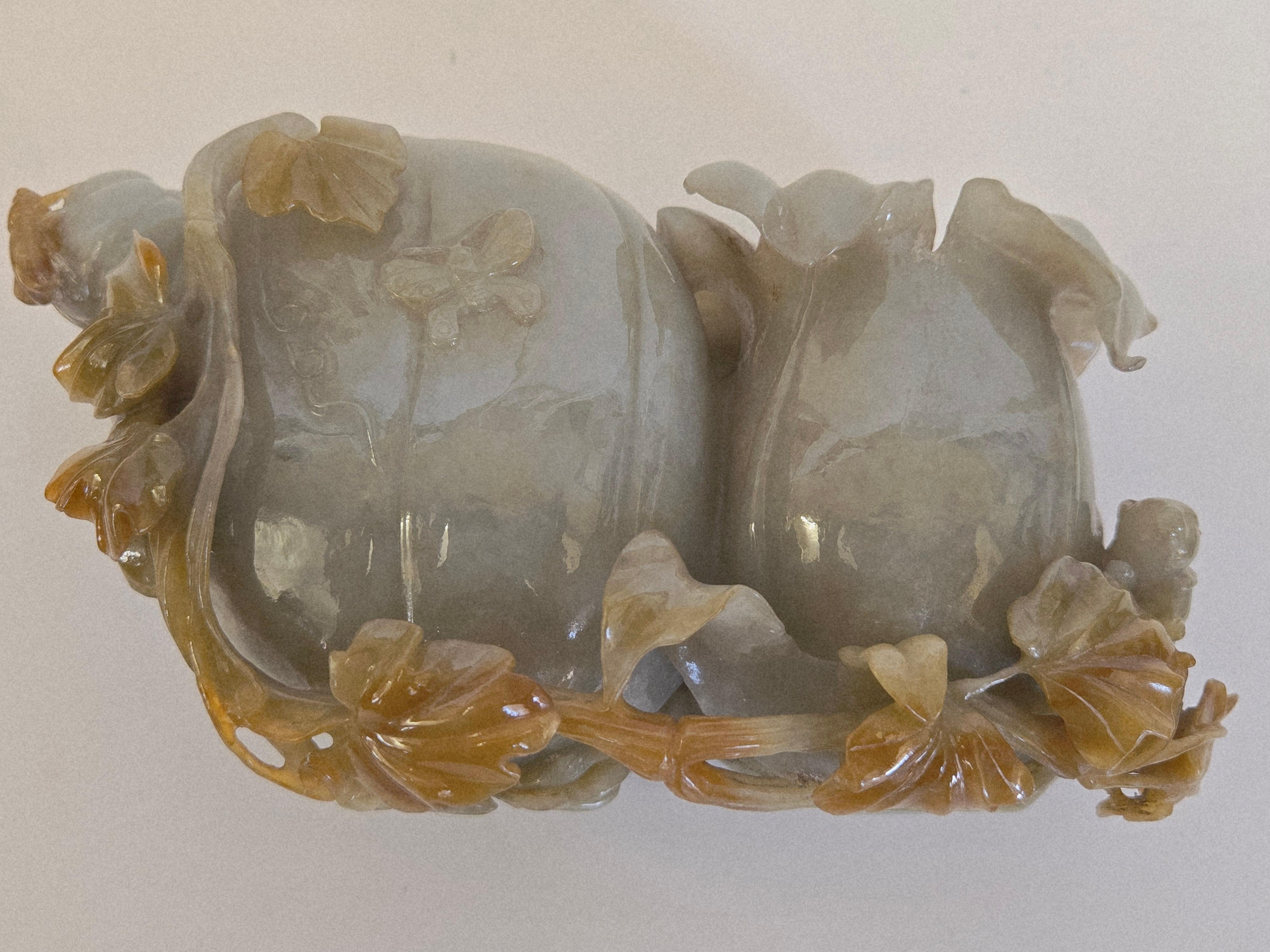 Natural Gray Green and Brown Jadeite Jade Carved Pumpkin Floral Vase For Sale 7