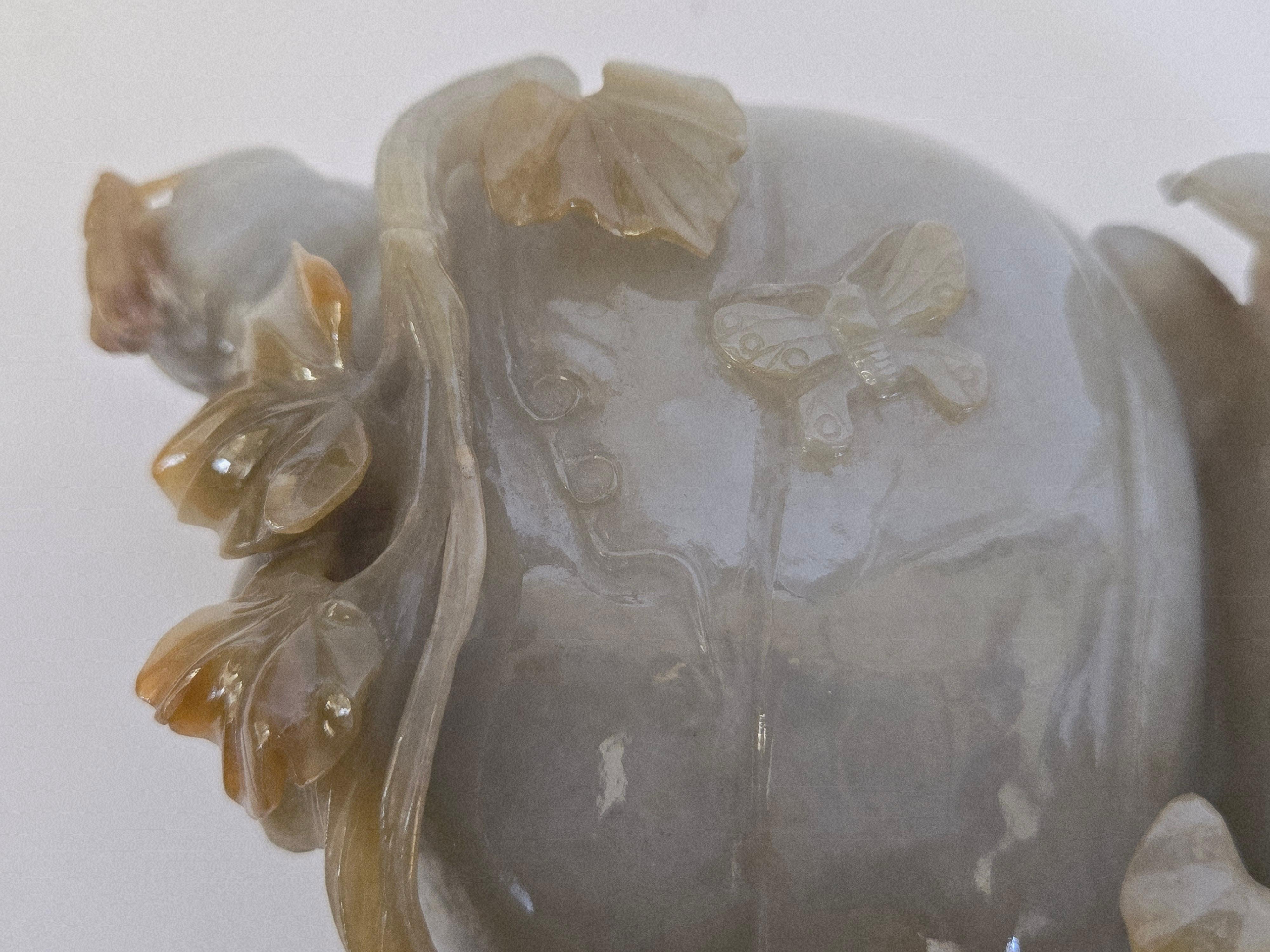 Natural Gray Green and Brown Jadeite Jade Carved Pumpkin Floral Vase For Sale 8