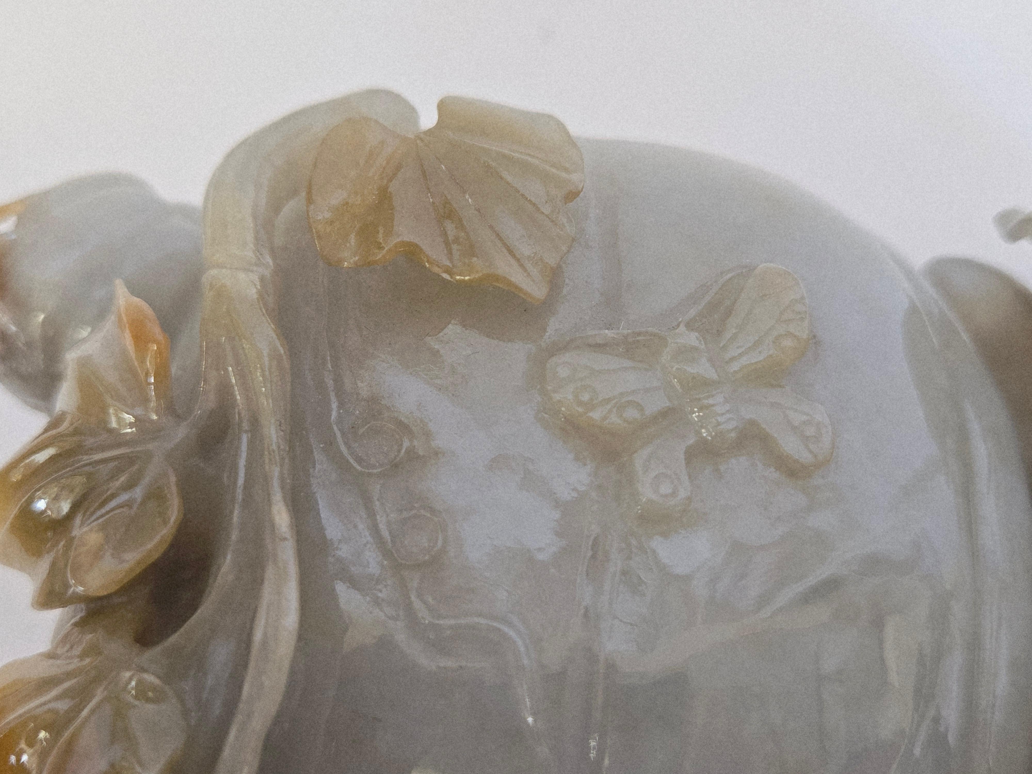 Natural Gray Green and Brown Jadeite Jade Carved Pumpkin Floral Vase For Sale 9
