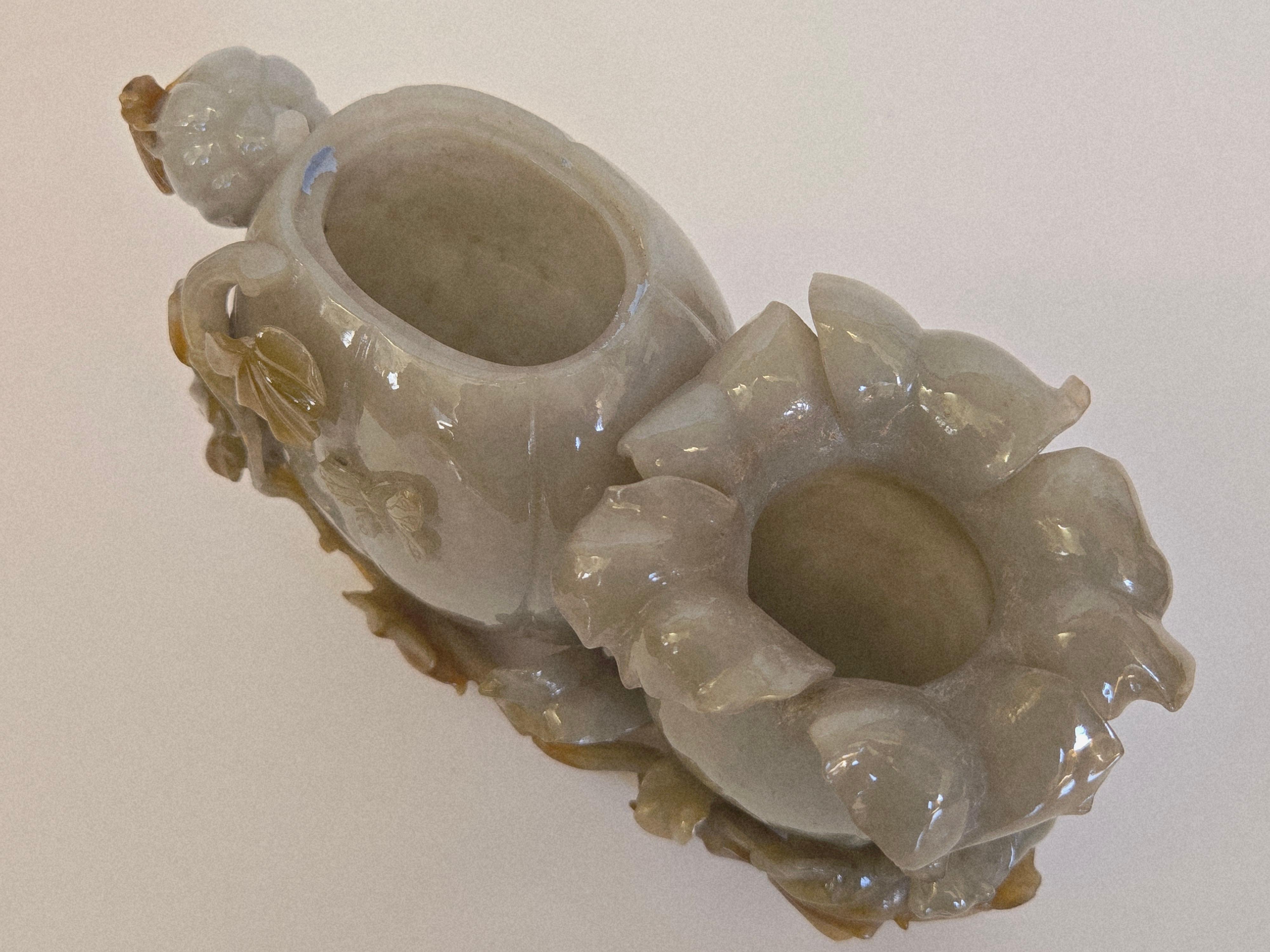 Natural Gray Green and Brown Jadeite Jade Carved Pumpkin Floral Vase For Sale 11