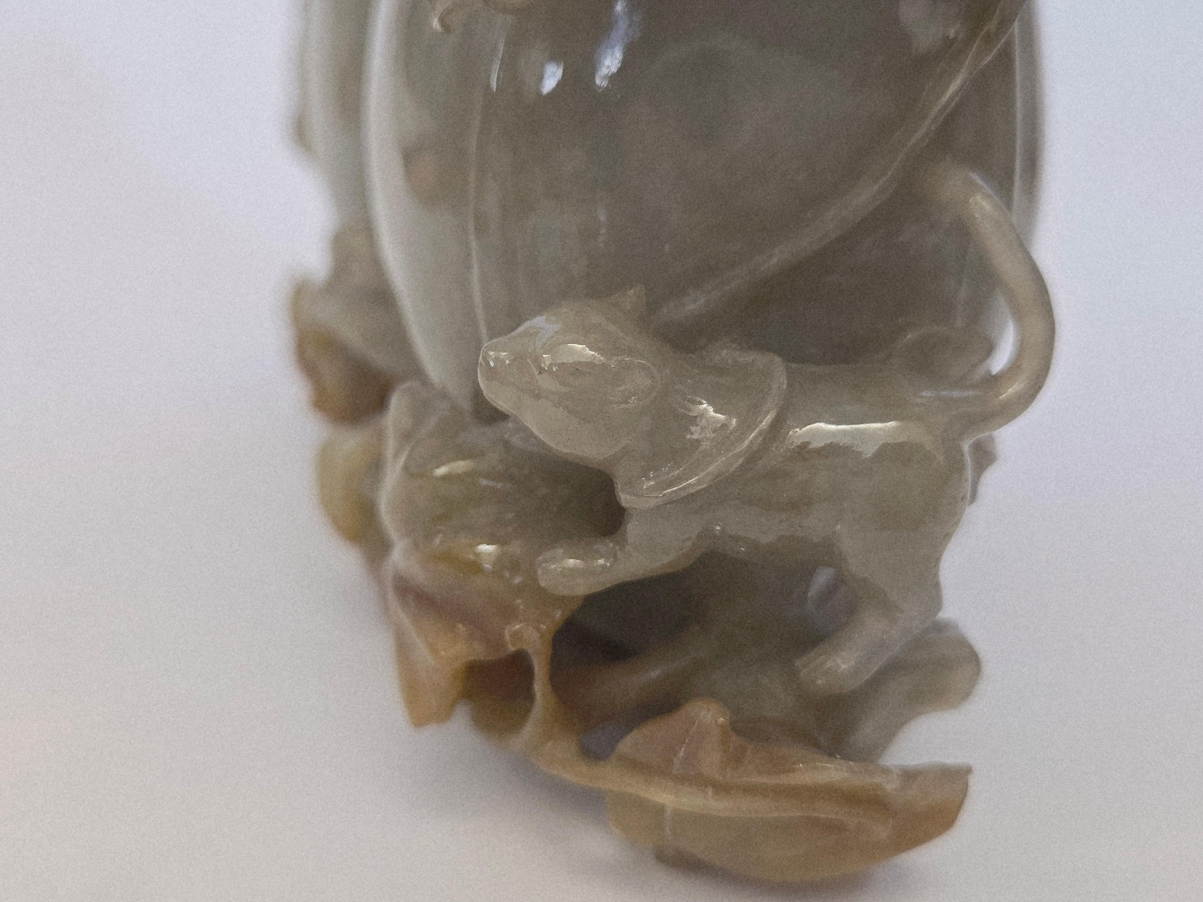 Natural Gray Green and Brown Jadeite Jade Carved Pumpkin Floral Vase For Sale 12