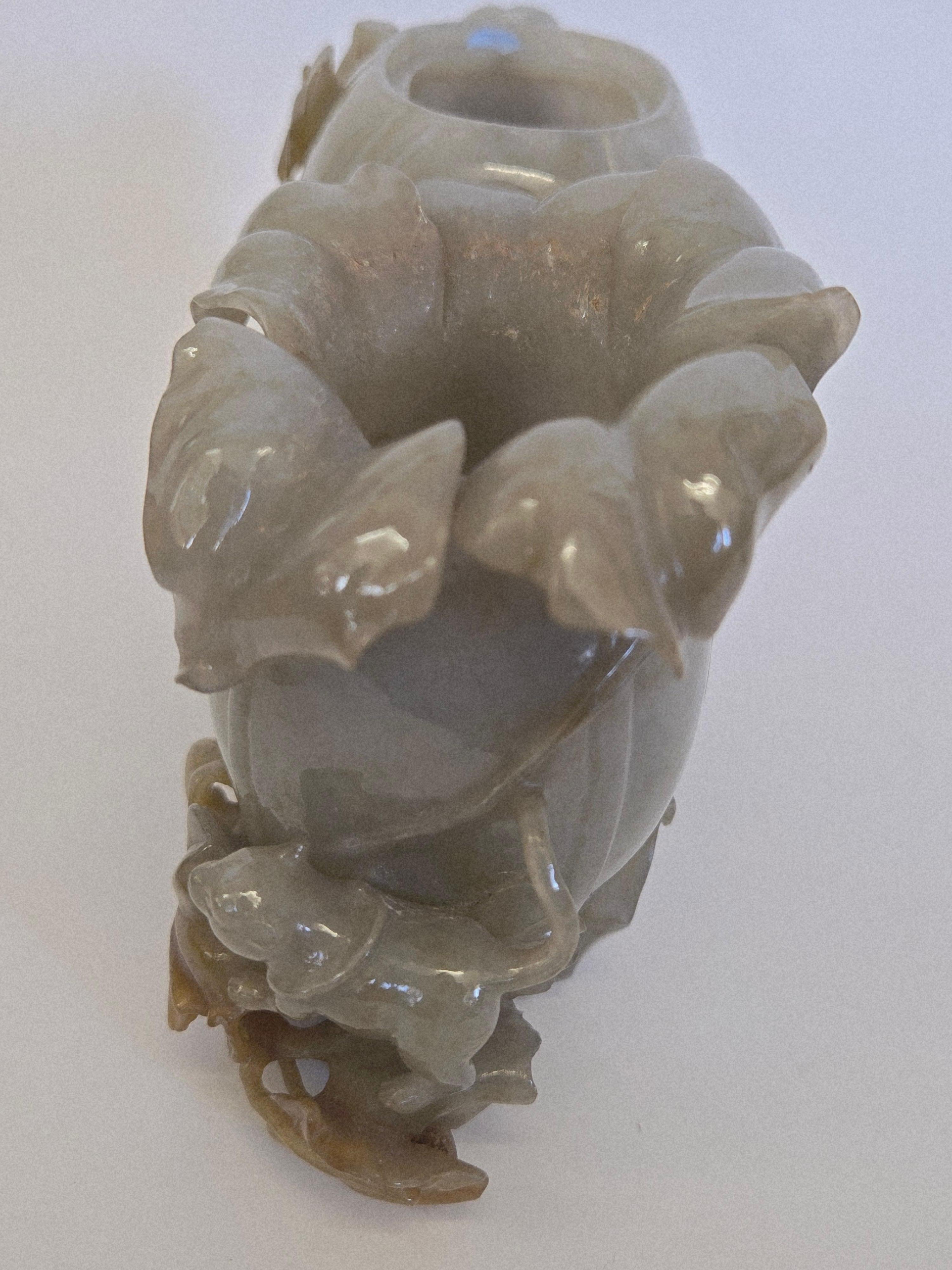 Natural Gray Green and Brown Jadeite Jade Carved Pumpkin Floral Vase For Sale 15