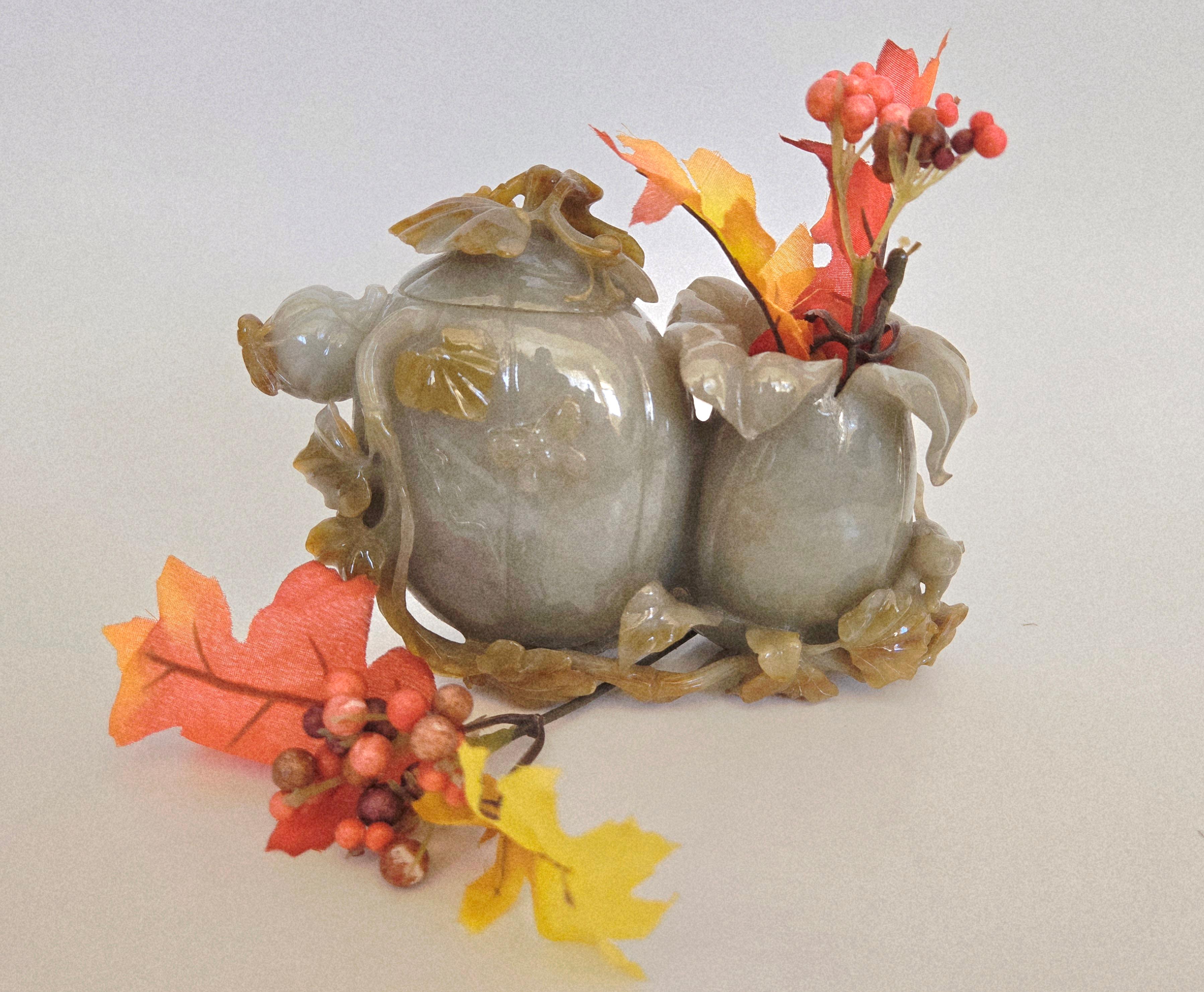 Artist Natural Gray Green and Brown Jadeite Jade Carved Pumpkin Floral Vase For Sale