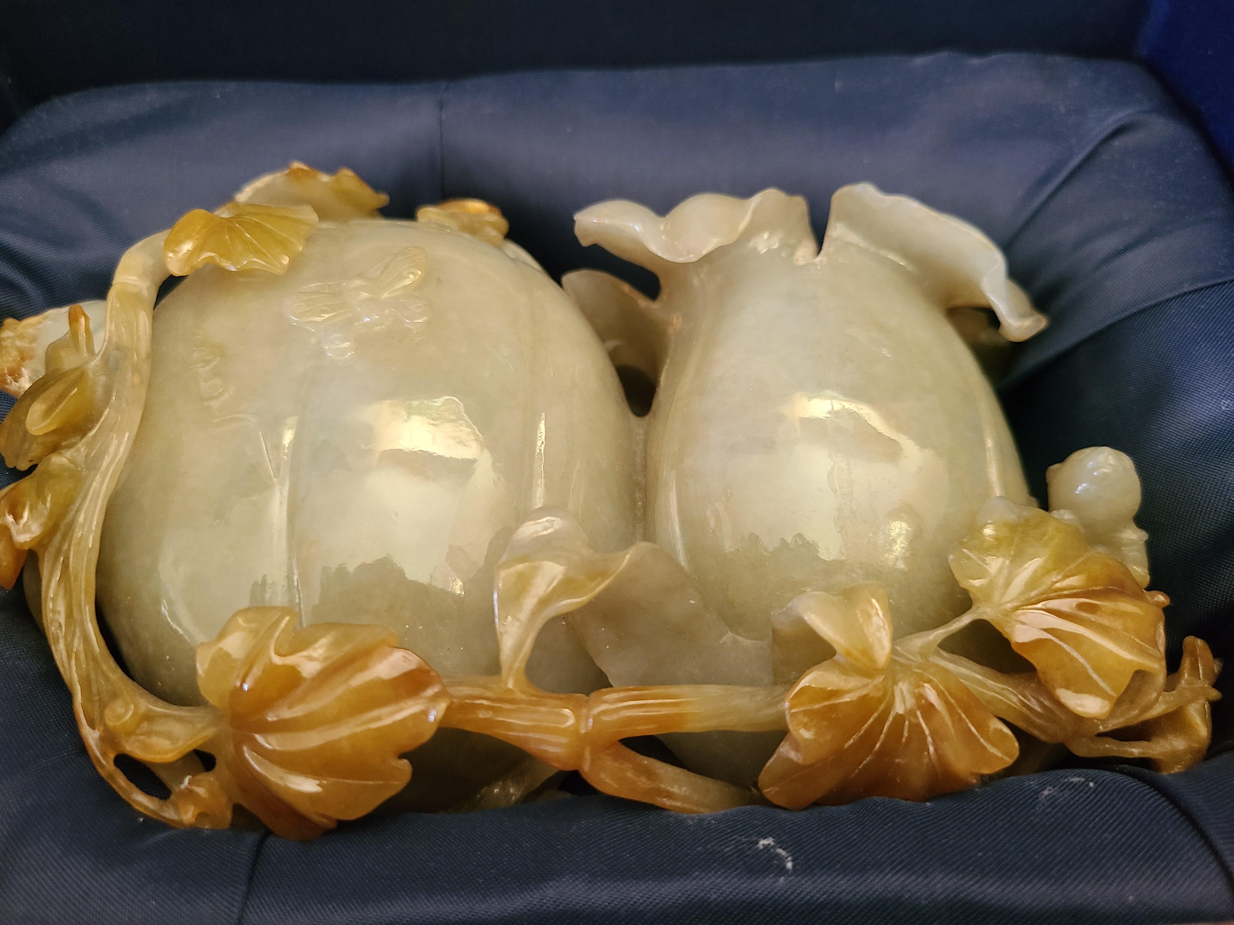 Natural Gray Green and Brown Jadeite Jade Carved Pumpkin Floral Vase In Good Condition For Sale In Pasadena, CA