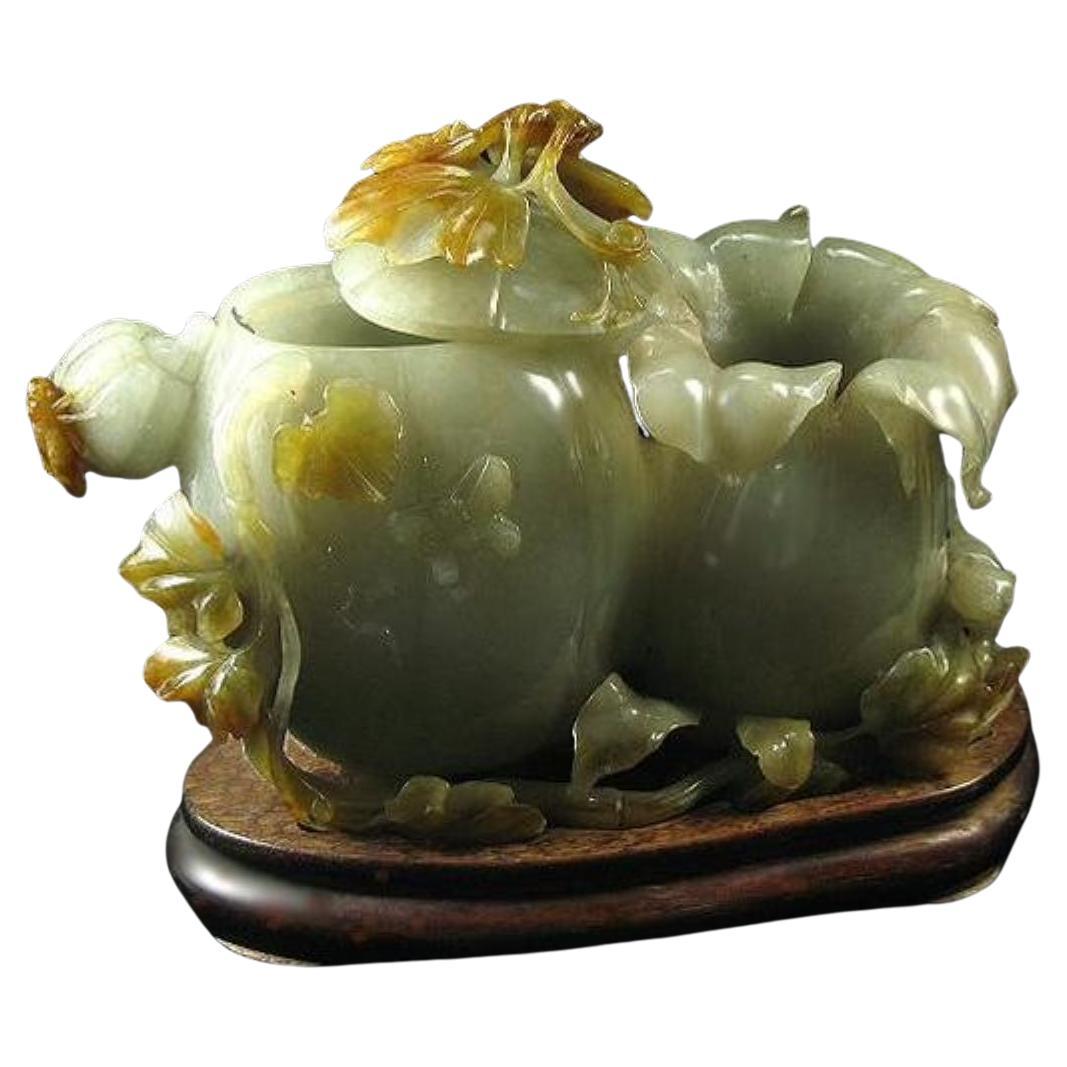 Natural Gray Green and Brown Jadeite Jade Carved Pumpkin Floral Vase For Sale