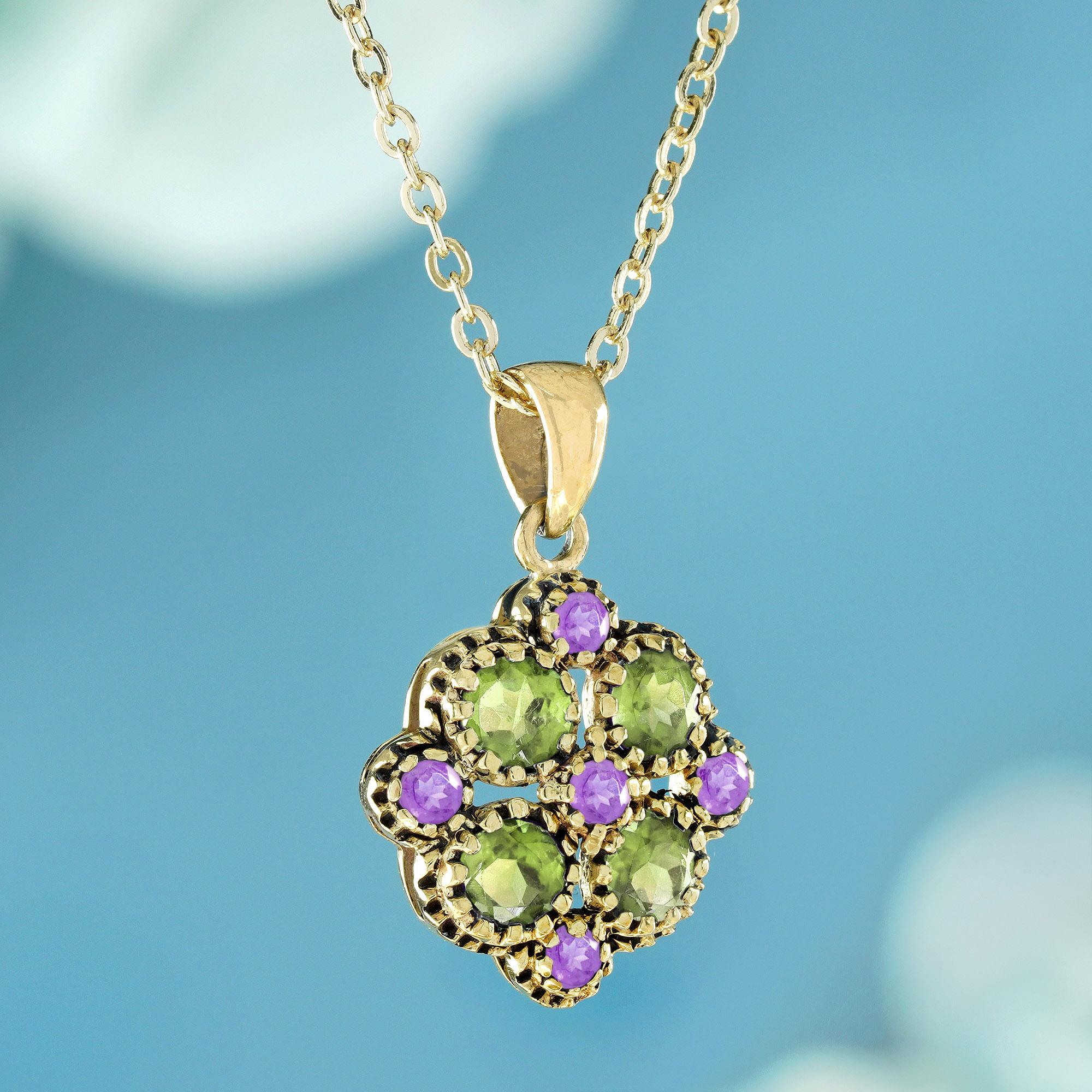 Natürlicher grüner Amethyst Rosa Amethyst  Vintage-Blumenanhänger im Vintage-Stil aus 9K Gold (Edwardian) im Angebot