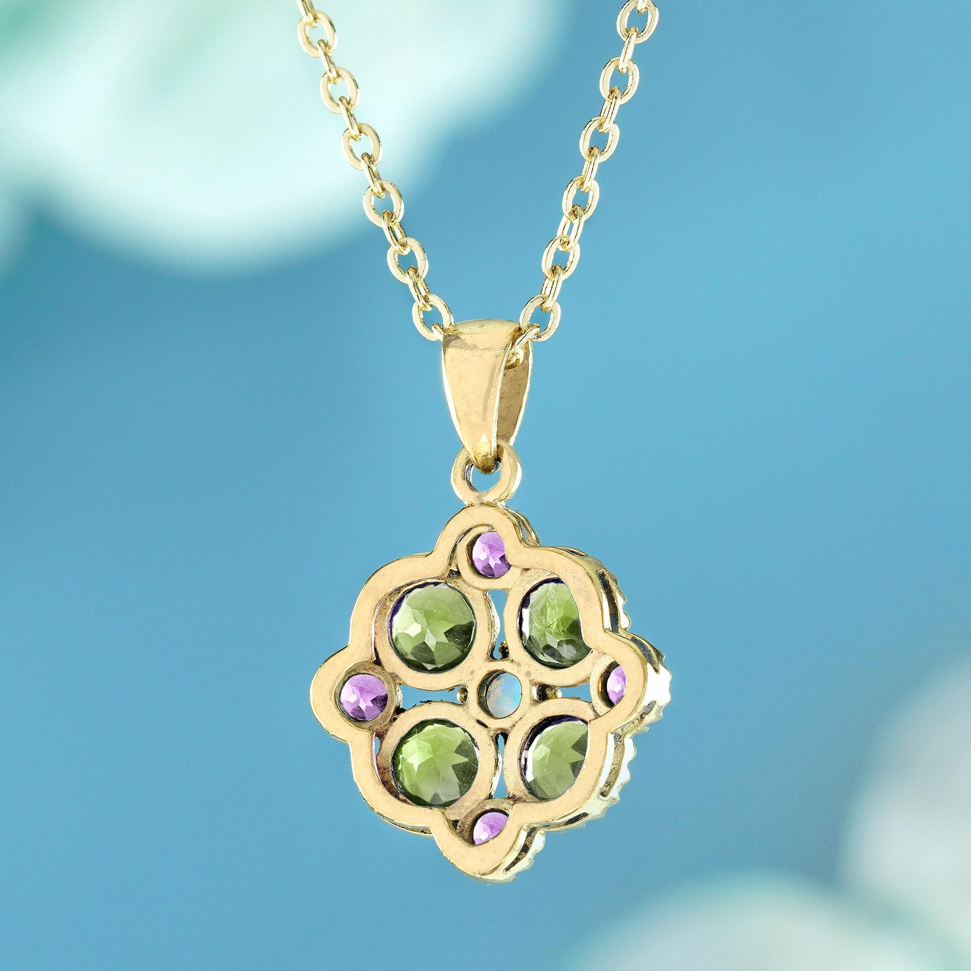 Natürlicher grüner Amethyst Rosa Amethyst  Vintage-Blumenanhänger im Vintage-Stil aus 9K Gold (Rundschliff) im Angebot
