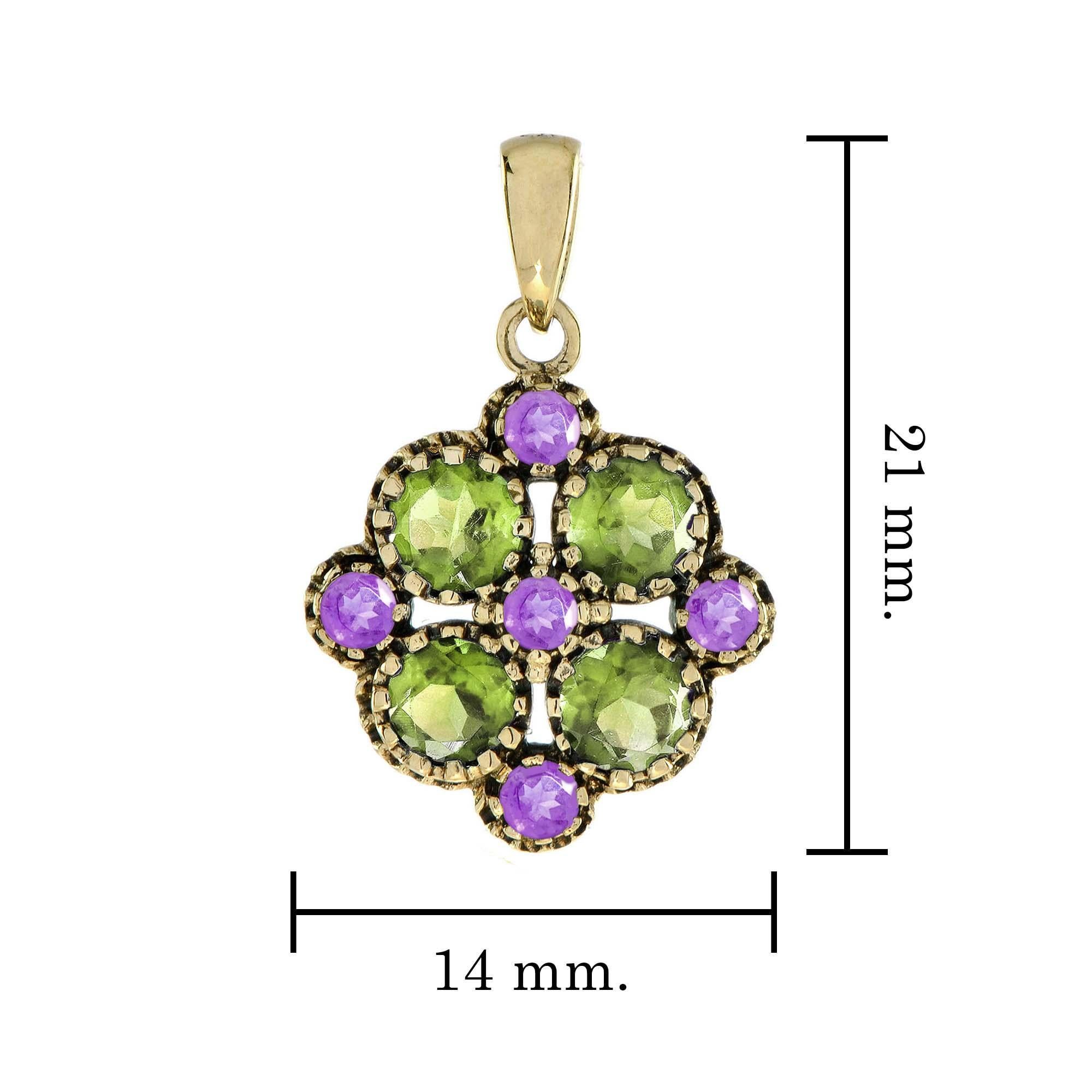 Natürlicher grüner Amethyst Rosa Amethyst  Vintage-Blumenanhänger im Vintage-Stil aus 9K Gold im Zustand „Neu“ im Angebot in Bangkok, TH