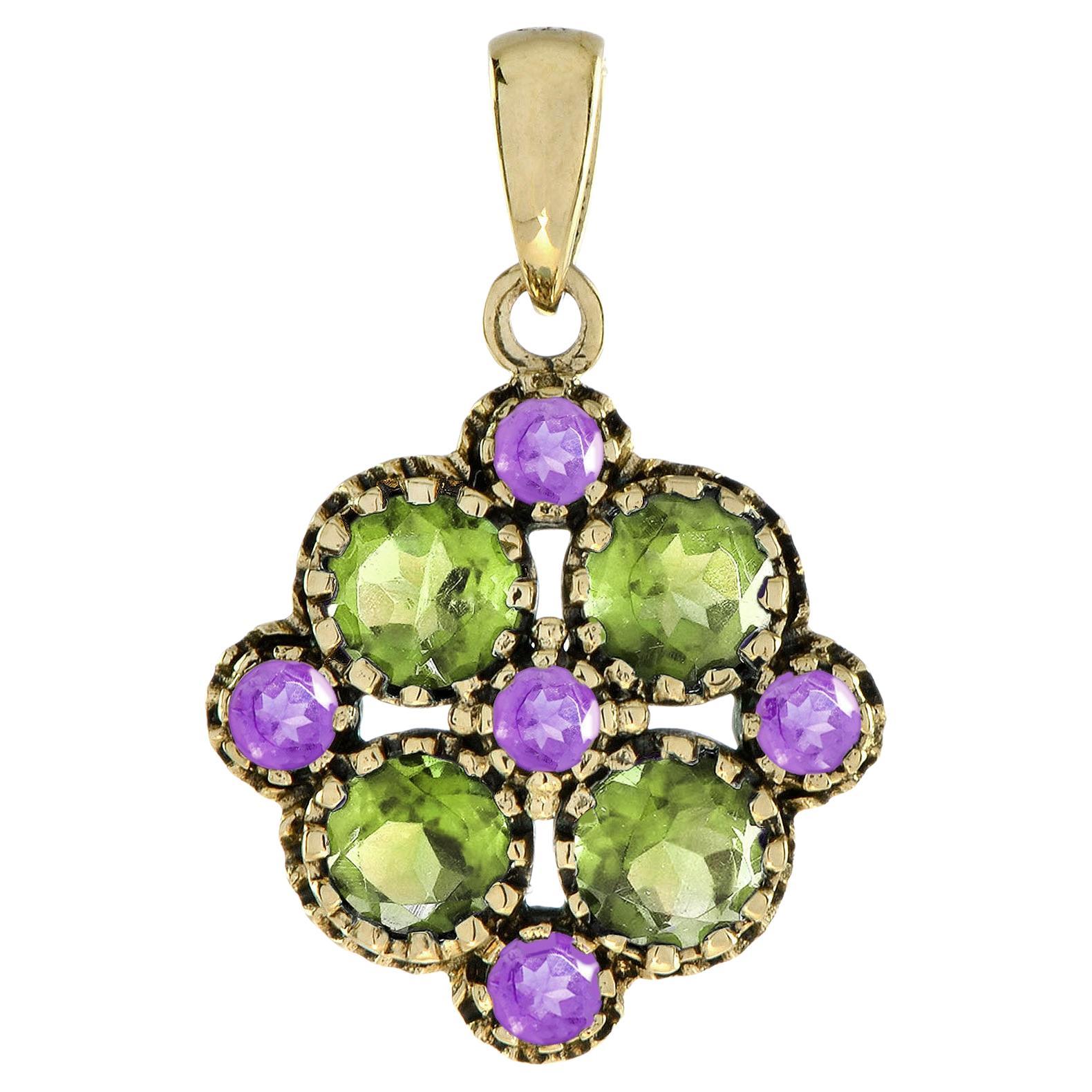 Natural Green Amethyst Pink Amethyst  Vintage Style Floral Pendant in 9K Gold