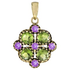 Natural Green Amethyst Pink Amethyst  Vintage Style Floral Pendant in 9K Gold
