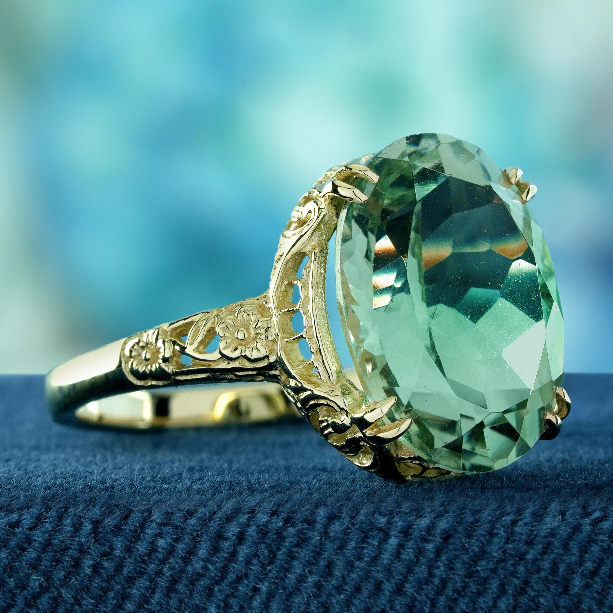 Embrace elegance with our Natural Green Amethyst Vintage-Style Cocktail Filigree Ring in Solid 9K Yellow Gold. 
This exquisite ring features a stunning natural green amethyst at its center, displaying a delicate, soft green hue that catches the