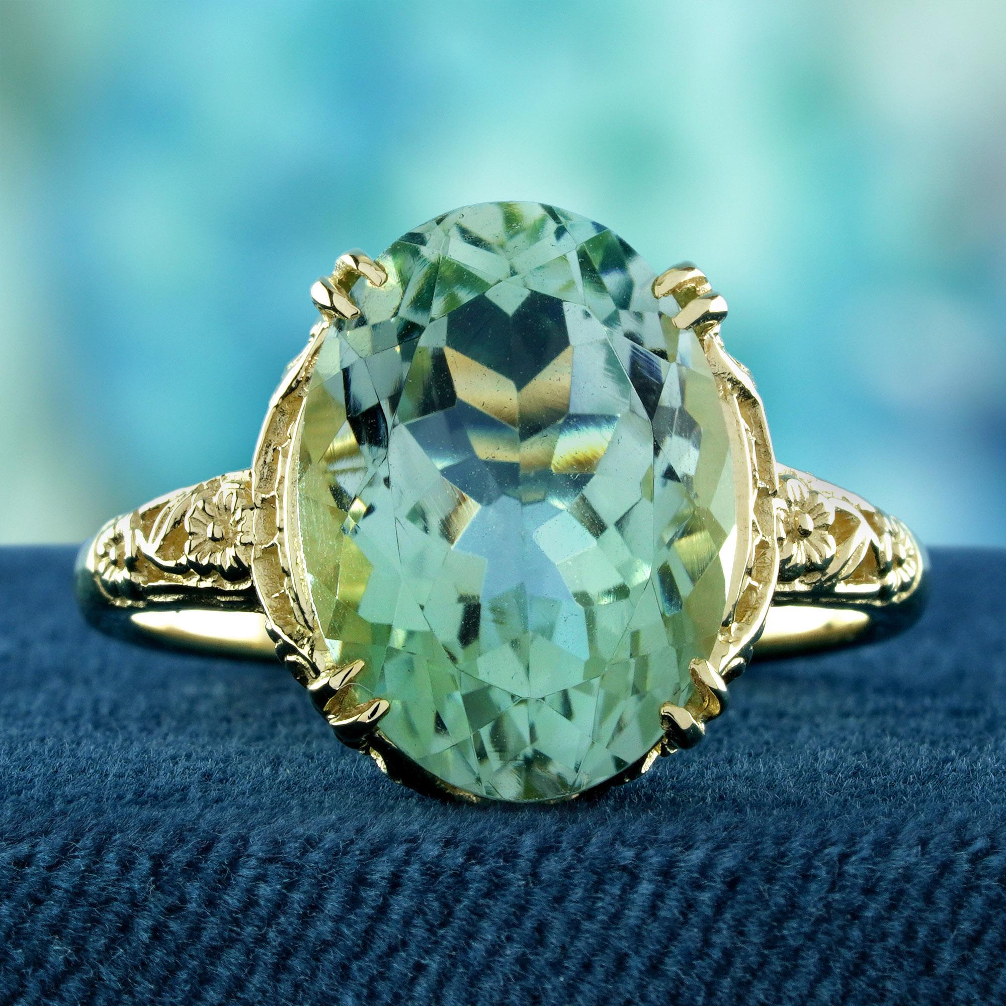 Edwardian Natural Green Amethyst Vintage Style Cocktail Filigree Ring in Solid 9K Gold