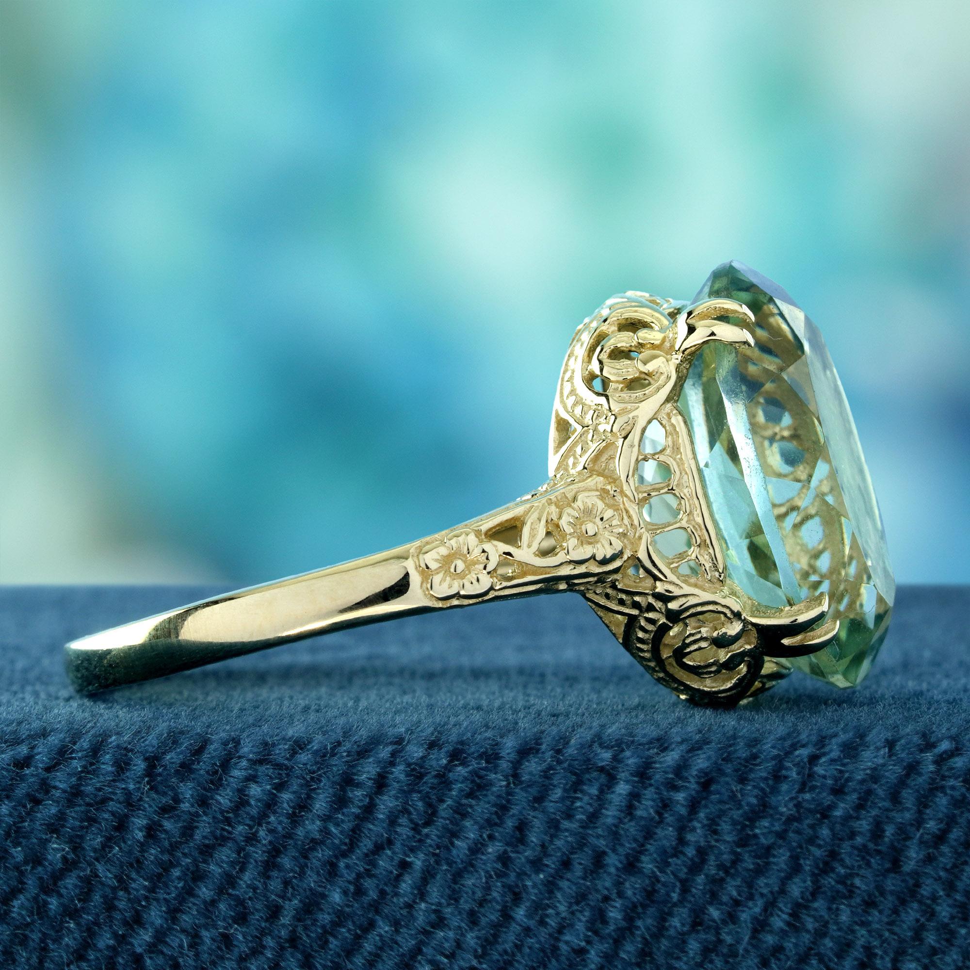 Round Cut Natural Green Amethyst Vintage Style Cocktail Filigree Ring in Solid 9K Gold