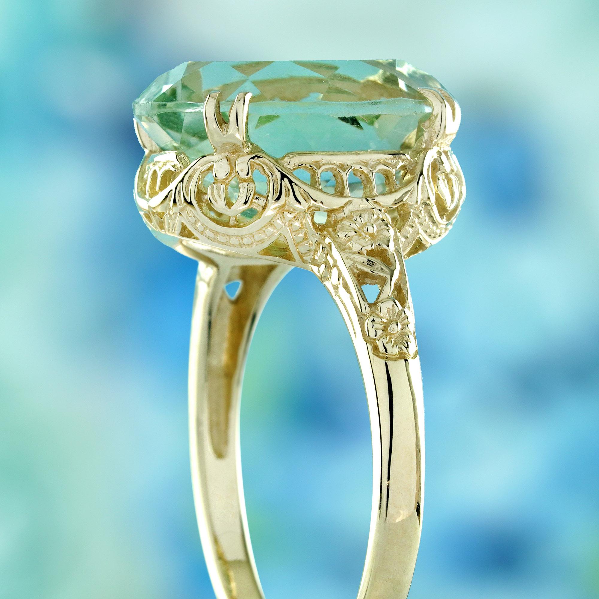 Women's Natural Green Amethyst Vintage Style Cocktail Filigree Ring in Solid 9K Gold