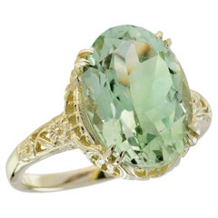 Natural Green Amethyst Vintage Style Cocktail Filigree Ring in Solid 9K Gold