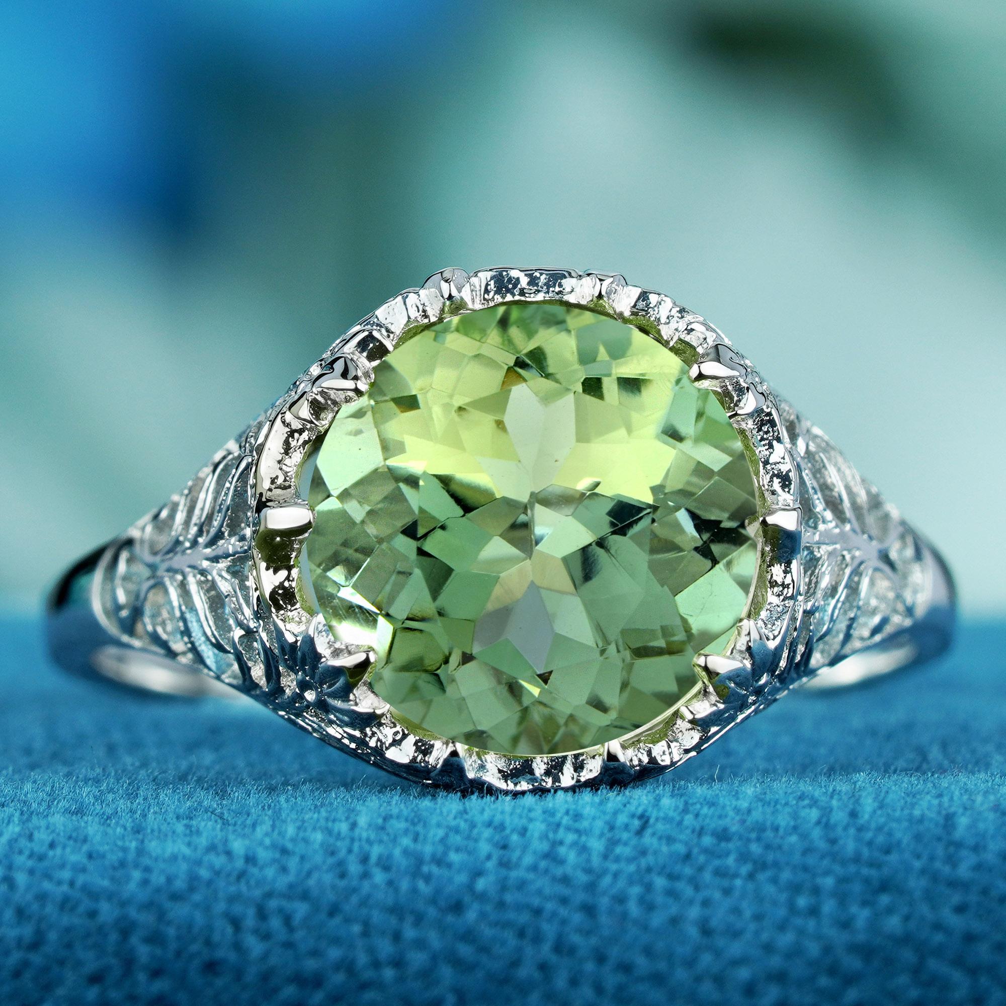 Edwardian Natural Green Amethyst Vintage Style Filigree Solitaire Ring in Solid 9K Gold For Sale