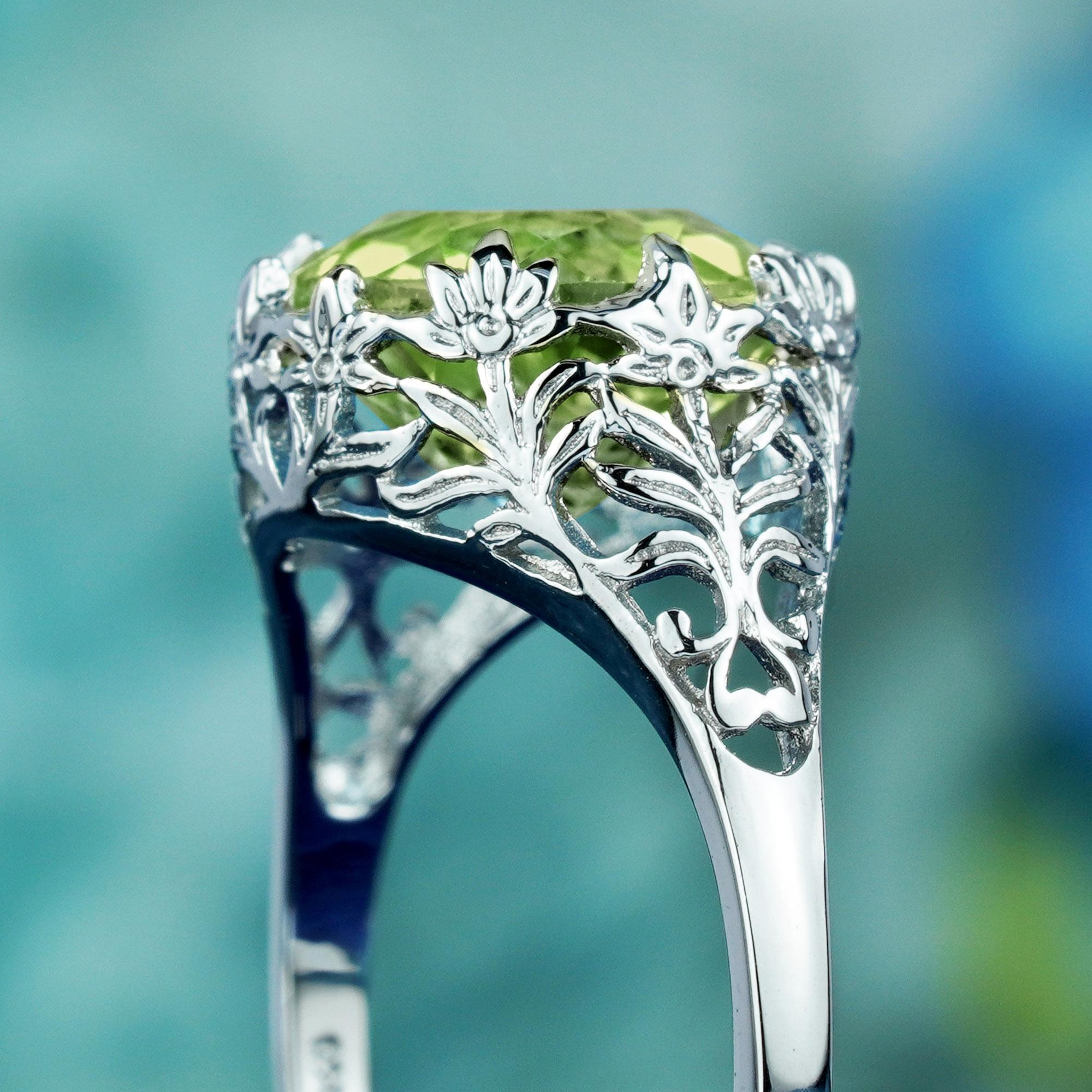 Women's Natural Green Amethyst Vintage Style Filigree Solitaire Ring in Solid 9K Gold For Sale