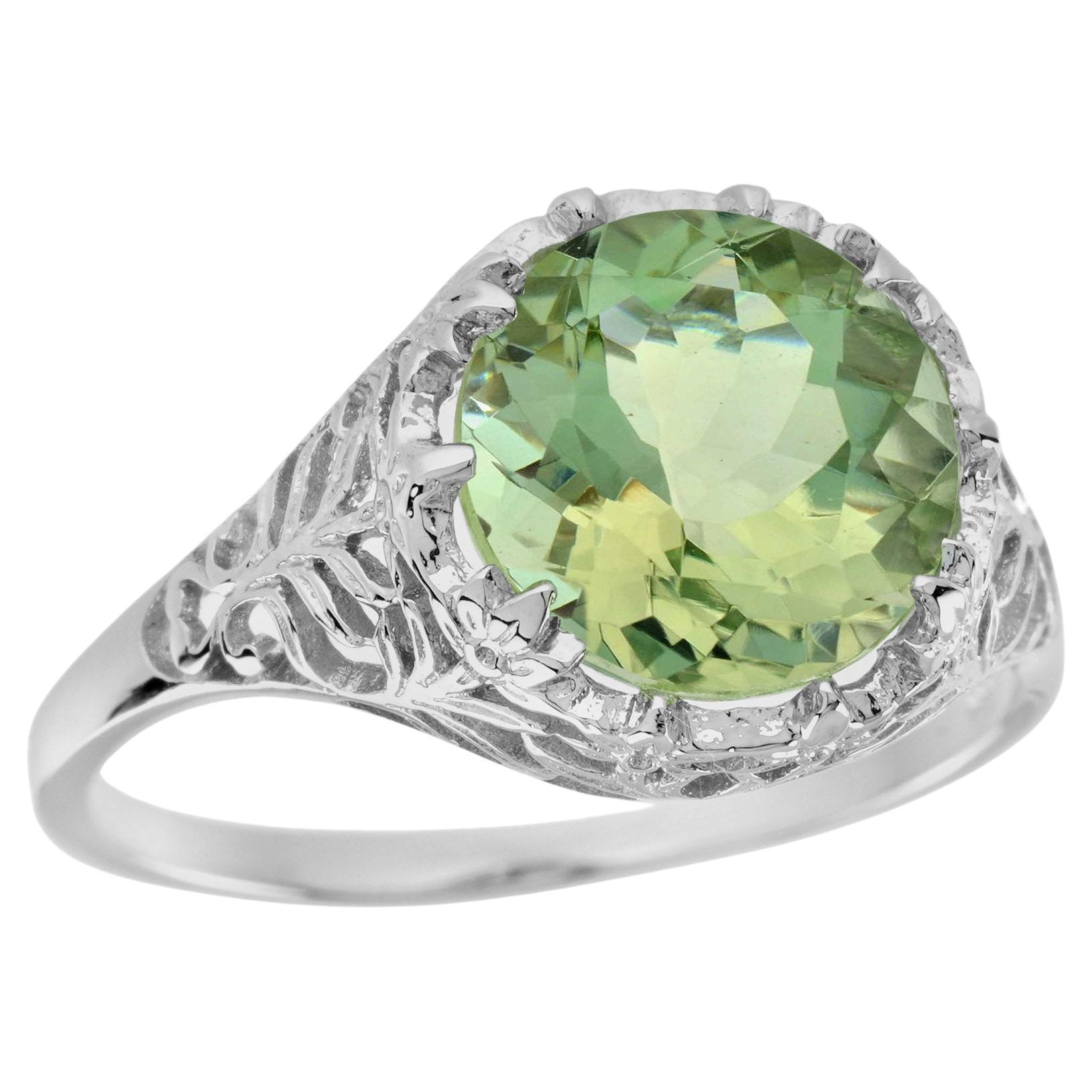 Natural Green Amethyst Vintage Style Filigree Solitaire Ring in Solid 9K Gold