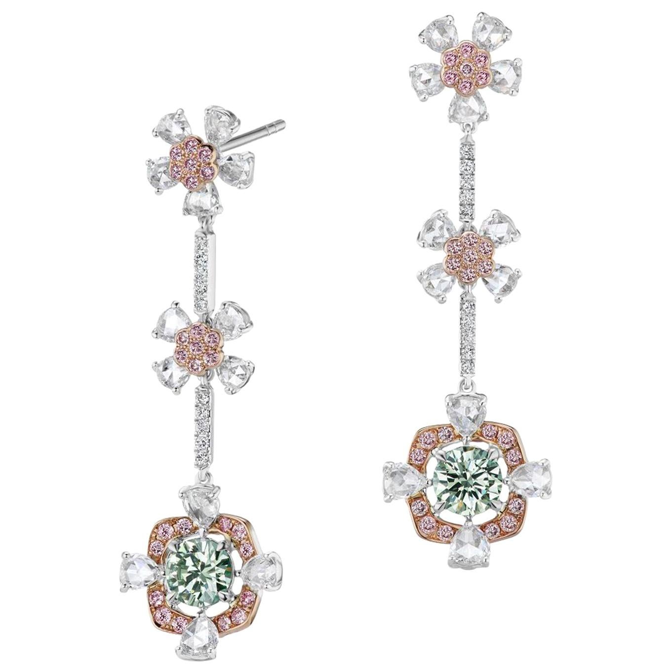 Natural Green and Pink Diamond Dangle Earrings in White Gold For Sale