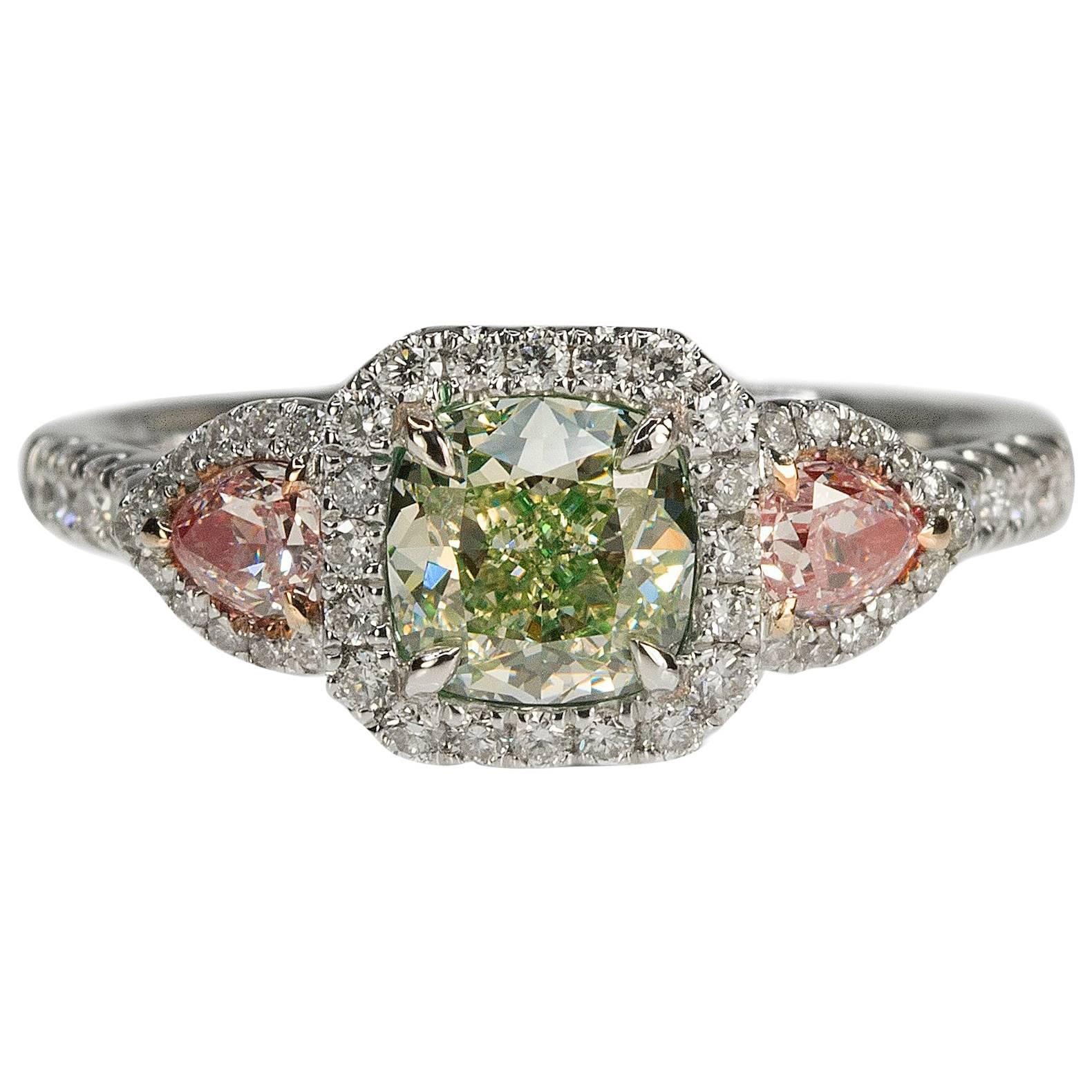  Natural Green and Pink Diamond Ring