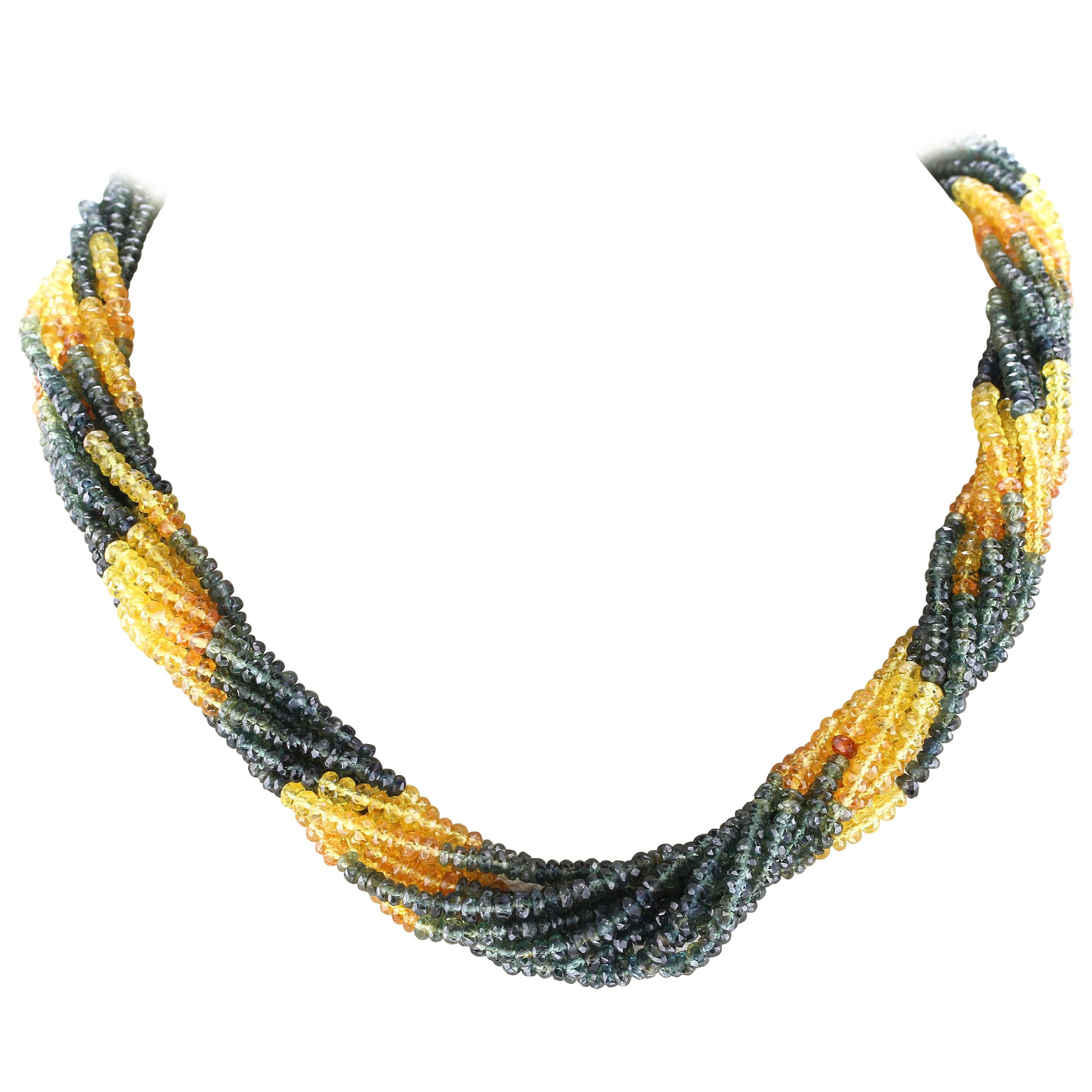 Choker-Halskette mit natürlichem grünem und gelbem Saphir, Verschluss aus 18 Karat Weißgold