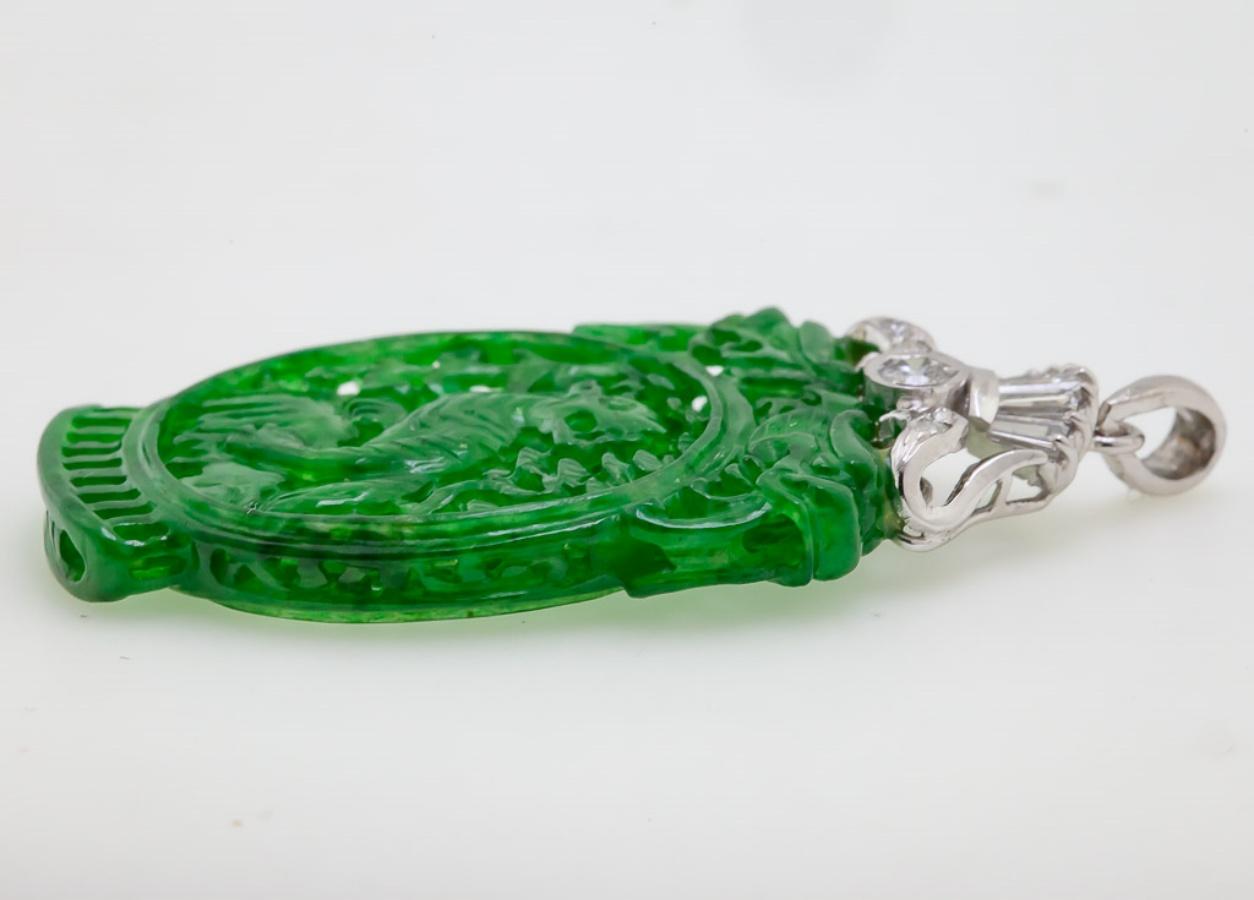 Natural Green Carved Jadeite Jade “GIA Report Certified” Diamond, White Gold Pen For Sale 7